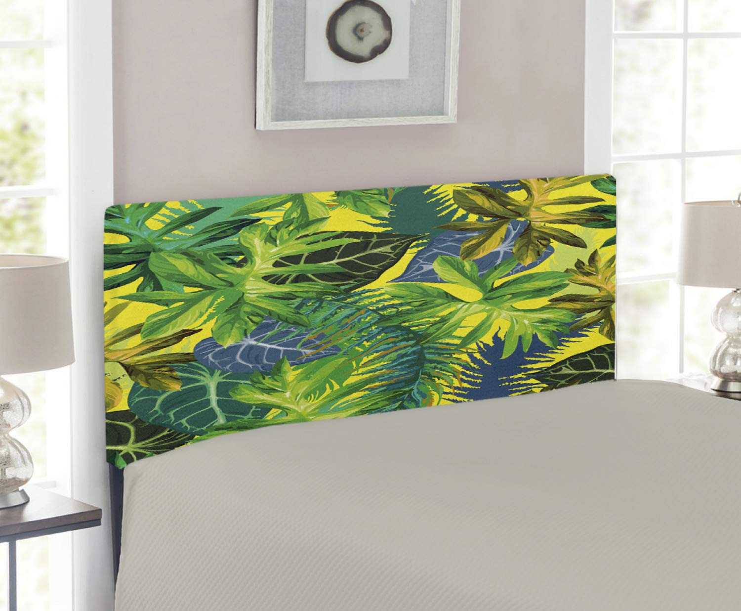 Ambesonne Tropical Plant Headboard - Exotic Leaf Design with Memory Foam, Upholstered Metal Bed Frame for Twin Size Beds | Perfect for Boho Bedroom Decor & Hawaiian Themed Home Interiors