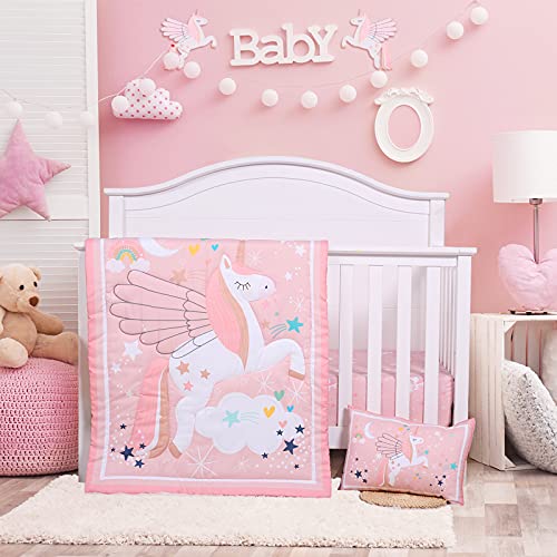 Pink Star Print Baby Crib Bedding Set for Girls - 3 Piece Nursery Set with Quilt, Fitted Sheet & Pillowcase - Soft Cotton Toddler Bedding for Nursery Decor & Baby Shower Gifts