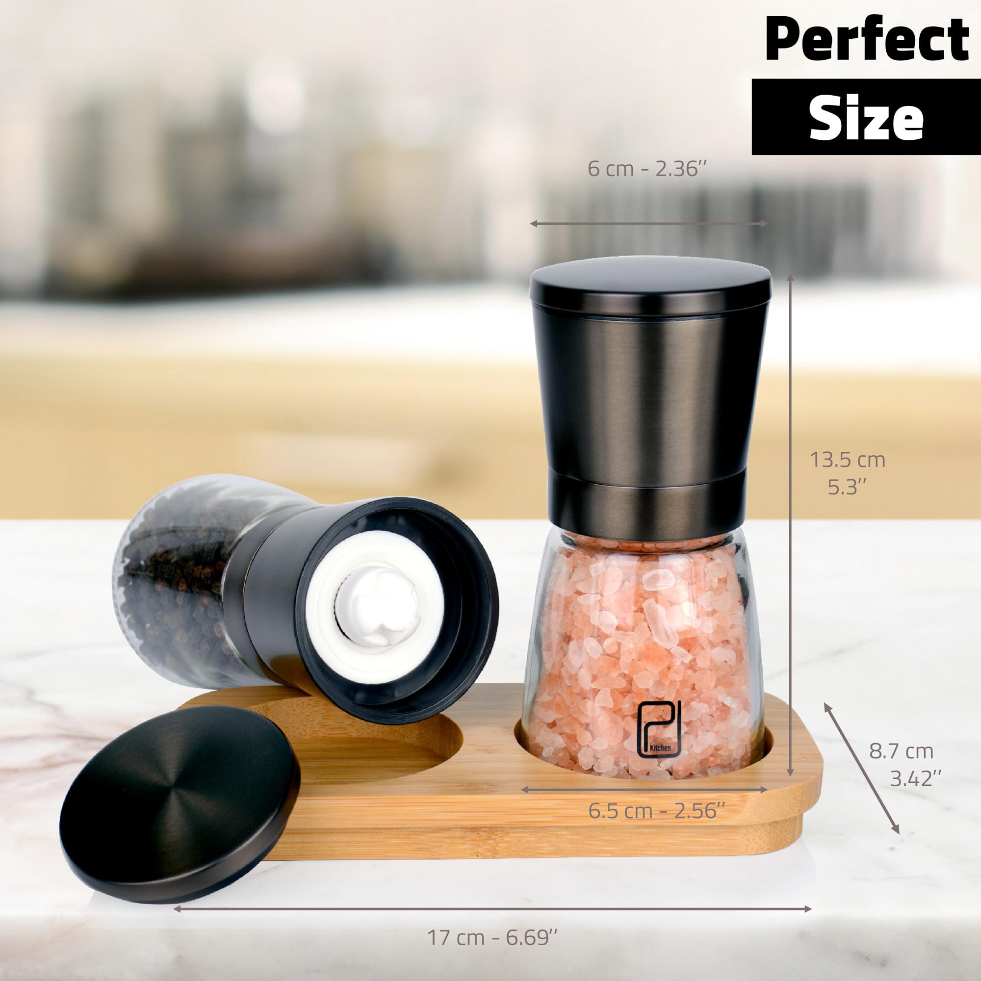 Premium Black Stainless Steel Salt and Pepper Grinder Set with Bamboo Wood Stand - Adjustable Coarseness Gunmetal Spice Mill - Bronze Pepper Grinder & Salt Shaker Set for Kitchen, Dining Table, BBQ, Camping & Gift Giving
