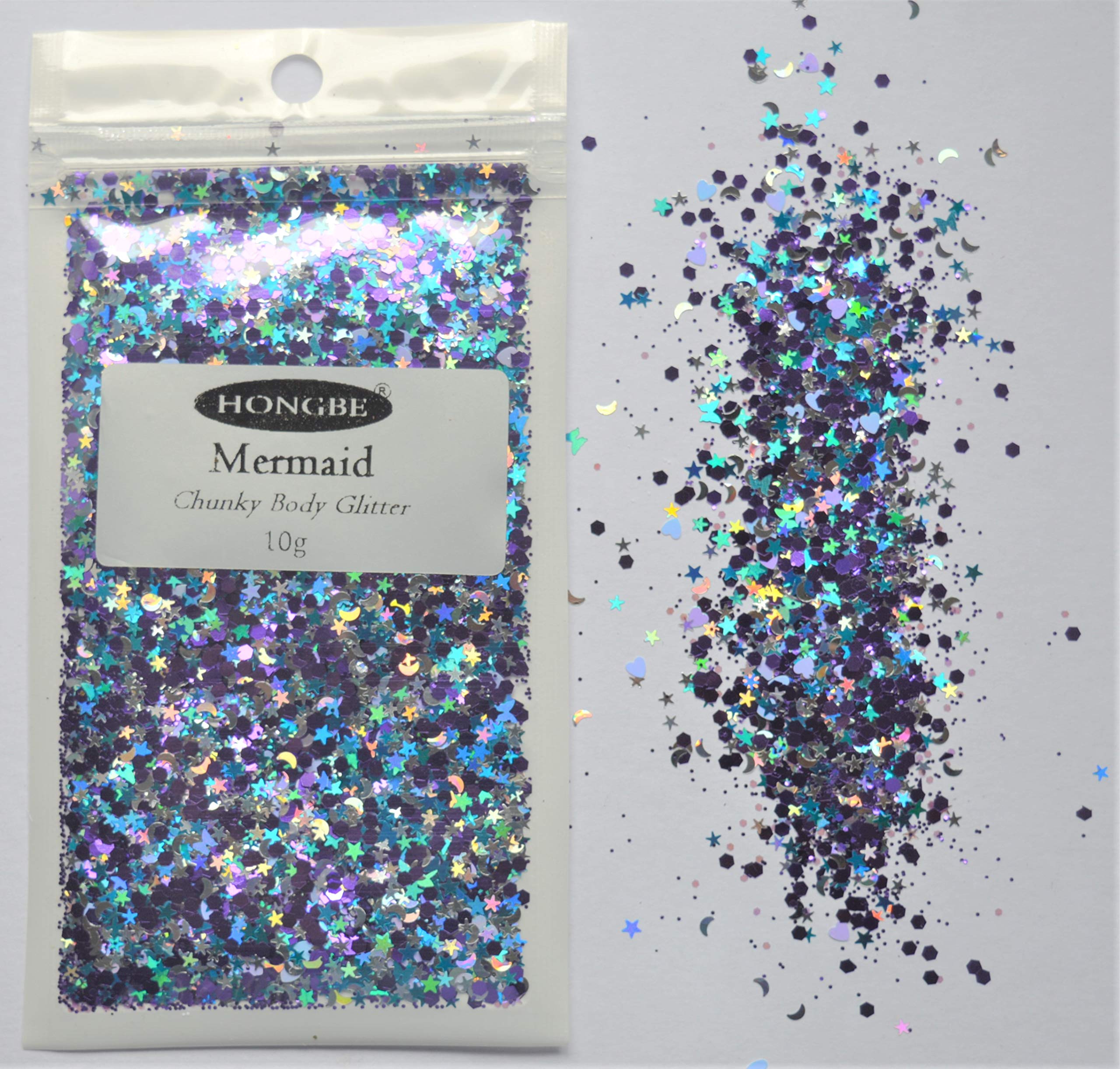 Hongbe MERMAID Chunky Body Glitter 10g - Festival Makeup, Face, Body, Hair & Nails - Perfect for Raves, Halloween, Cosplay & Photo Shoots