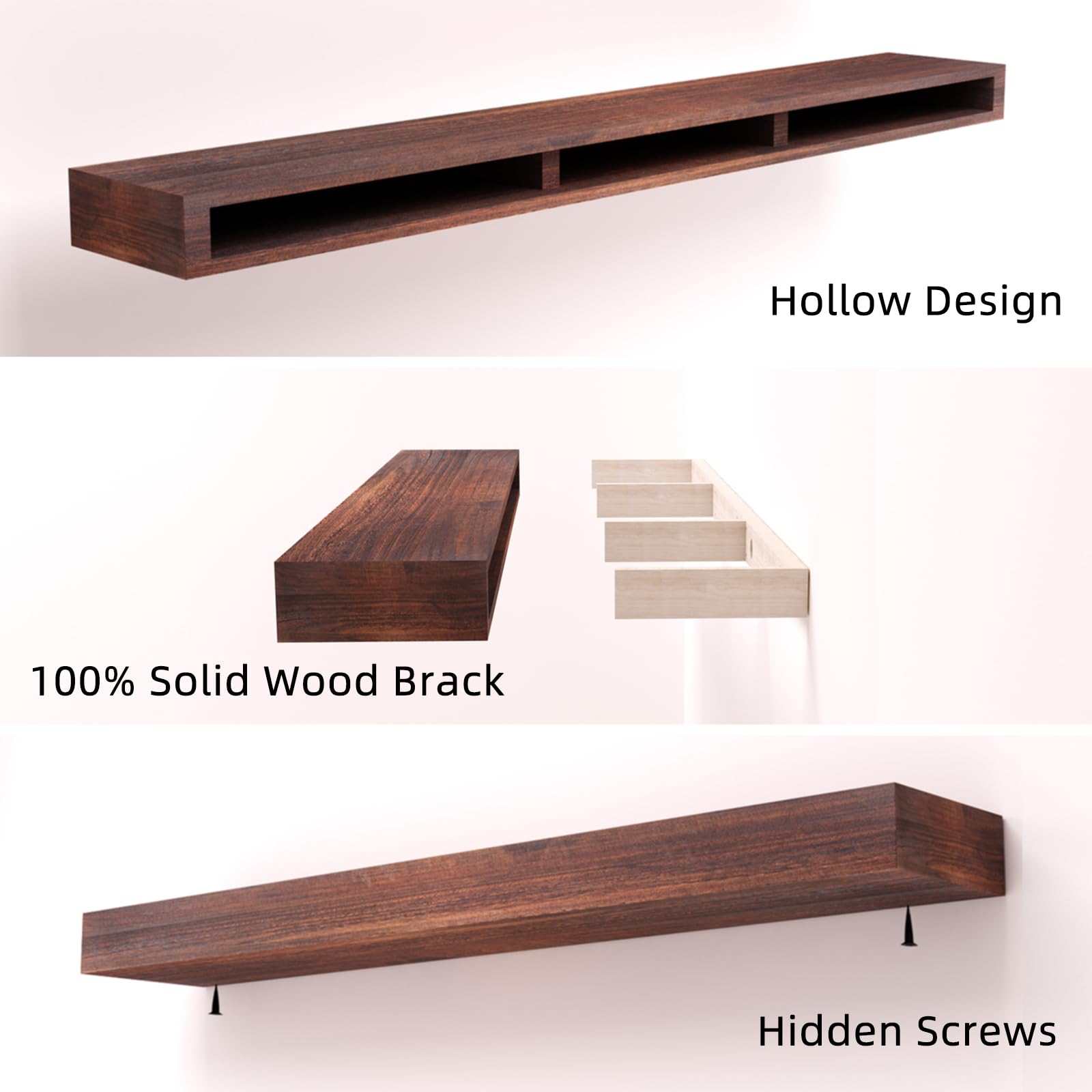 48 Inch Solid Wood Floating Shelf - SAUMONIERES Fireplace Mantel Shelf, Wall Mounted Hollow Shelf for Living Room, Bedroom & Office Decor (Brown)