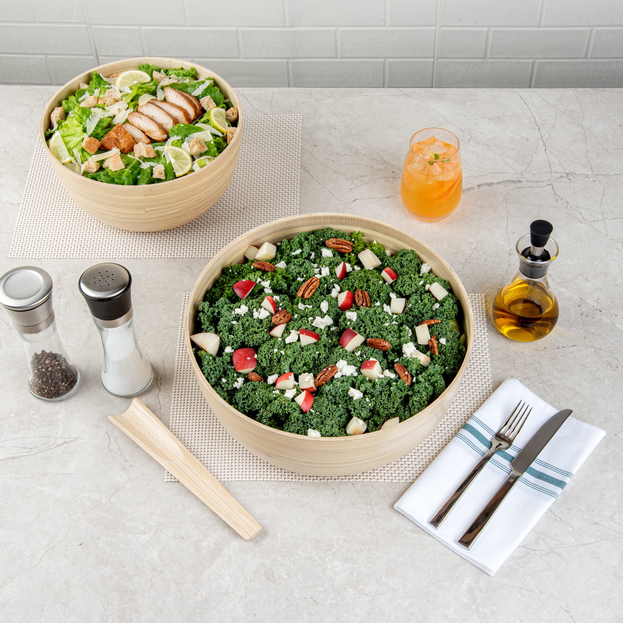 Bambuddha 51 oz Large Round Natural Spun Bamboo Salad Bowl - 13.5