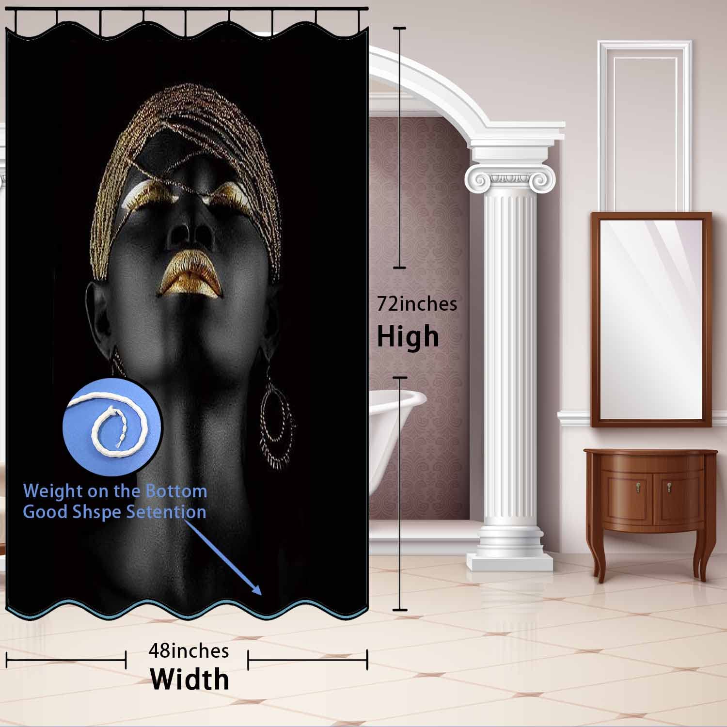 Black Girl Shower Curtain with Gold Lips Design - 48x72 Inch Afro-Inspired Bathroom Decor Set with 8 Hooks - Machine Washable Polyester Fabric for Stylish Bathroom Makeover - Perfect for Black Pride, Cultural Decor & Modern Home Bathrooms
