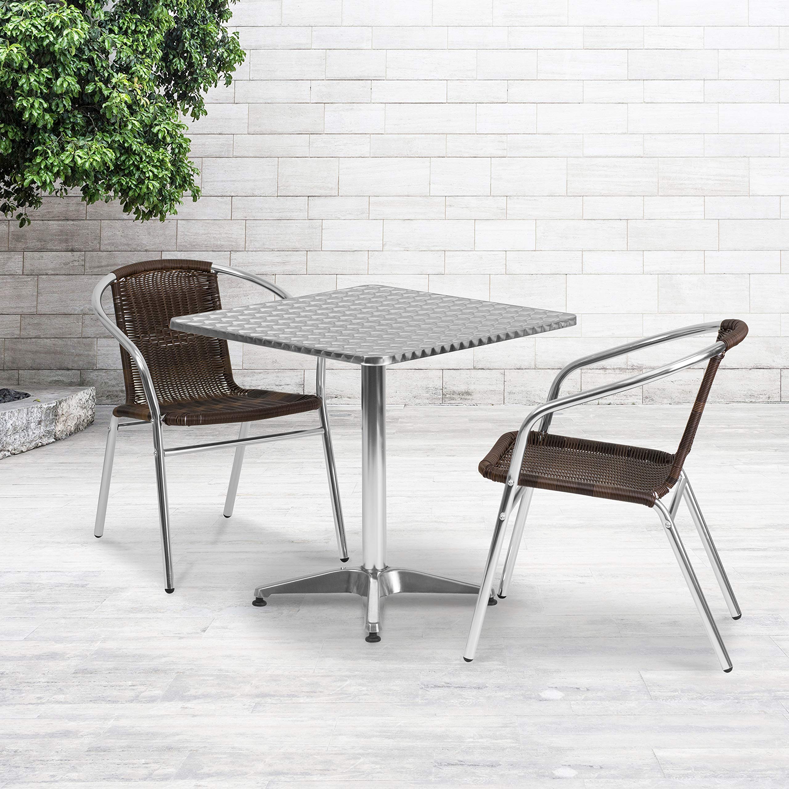 Flash Furniture 27.5'' Square Aluminum Patio Dining Table Set with 2 Dark Brown Wicker Chairs - Outdoor Bistro Set for Garden, Balcony & Poolside Dining