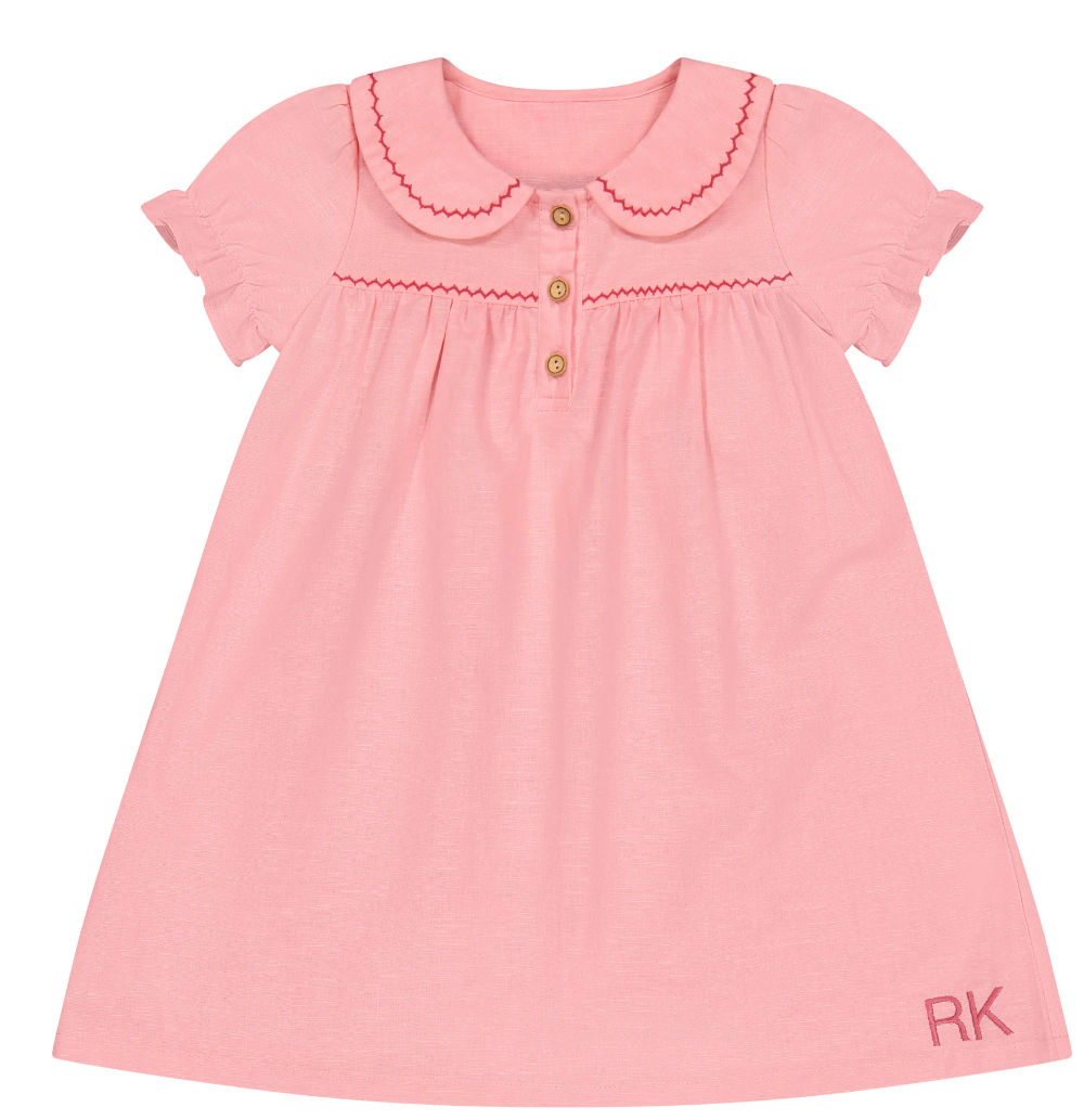 Retro Kid Linen Ric Rac Dress for Girls - Vintage Pink Floral Summer Dress - Perfect for Birthday Parties, Photo Shoots & Special Occasions