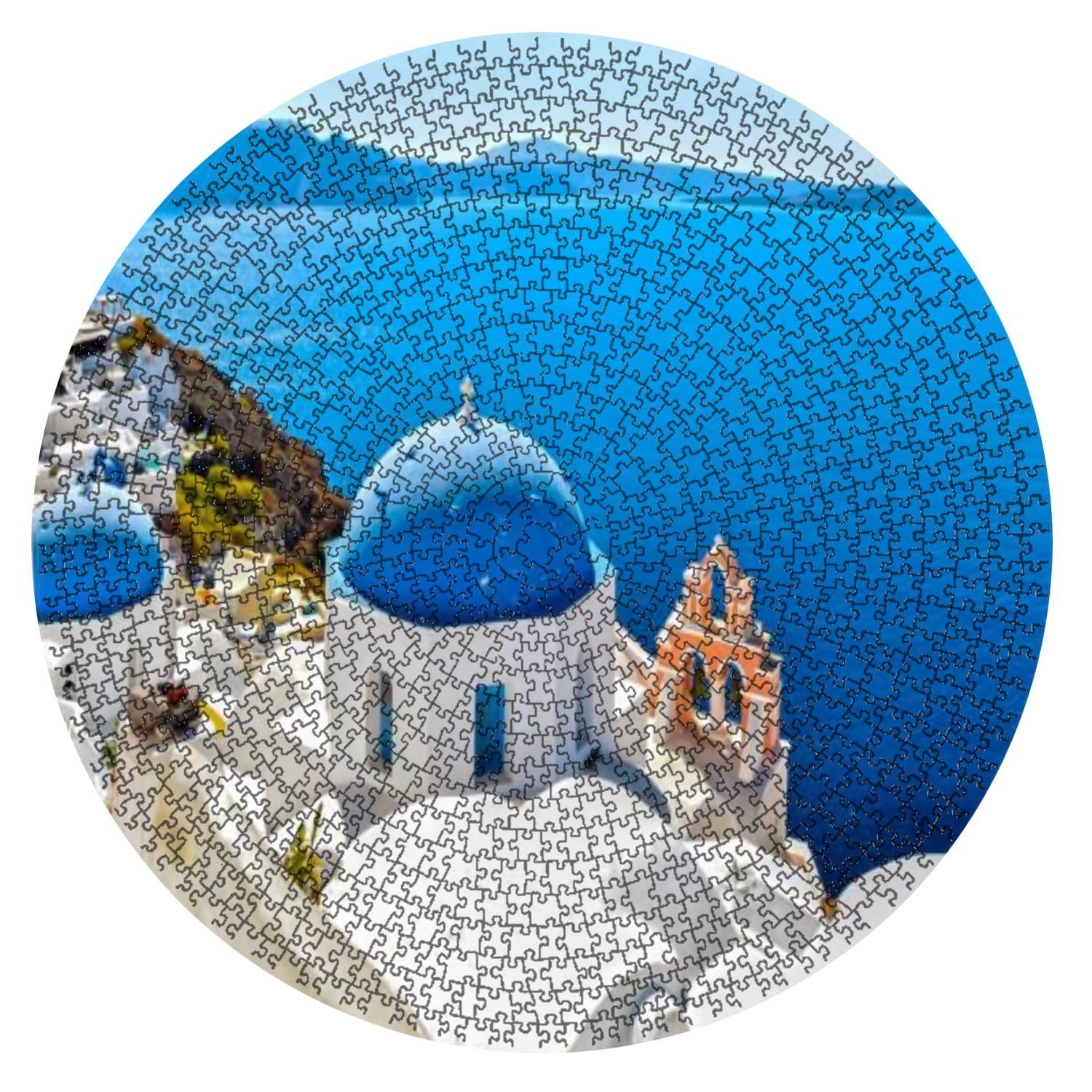 1000 Pieces Round Wooden Jigsaw Puzzle - Traditional Greek Church Over Aegean Sea | Challenging Adult & Kids Board Game | DIY Educational Toy & Home Decor Gift for Puzzle Lovers (Perfect for Family Game Night, Stress Relief & Wall Art Display)