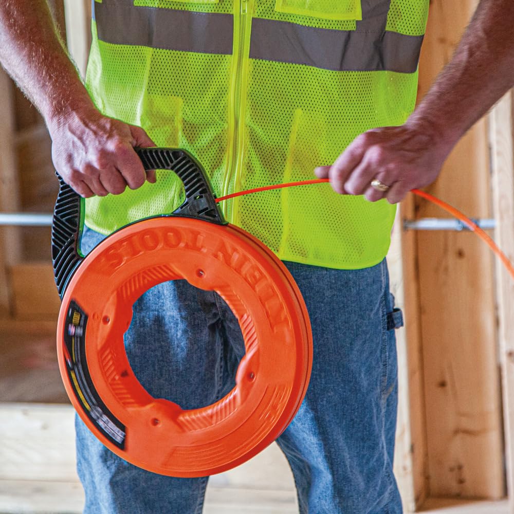 Klein Tools 56380 Non-Conductive Electrical Fish Tape - 100-Foot x 3/16-Inch Fiberglass Wire Puller with Steel Leader for Safe Electrical Wiring | Ideal for Electricians, DIY Home Wiring & Conduit Installation