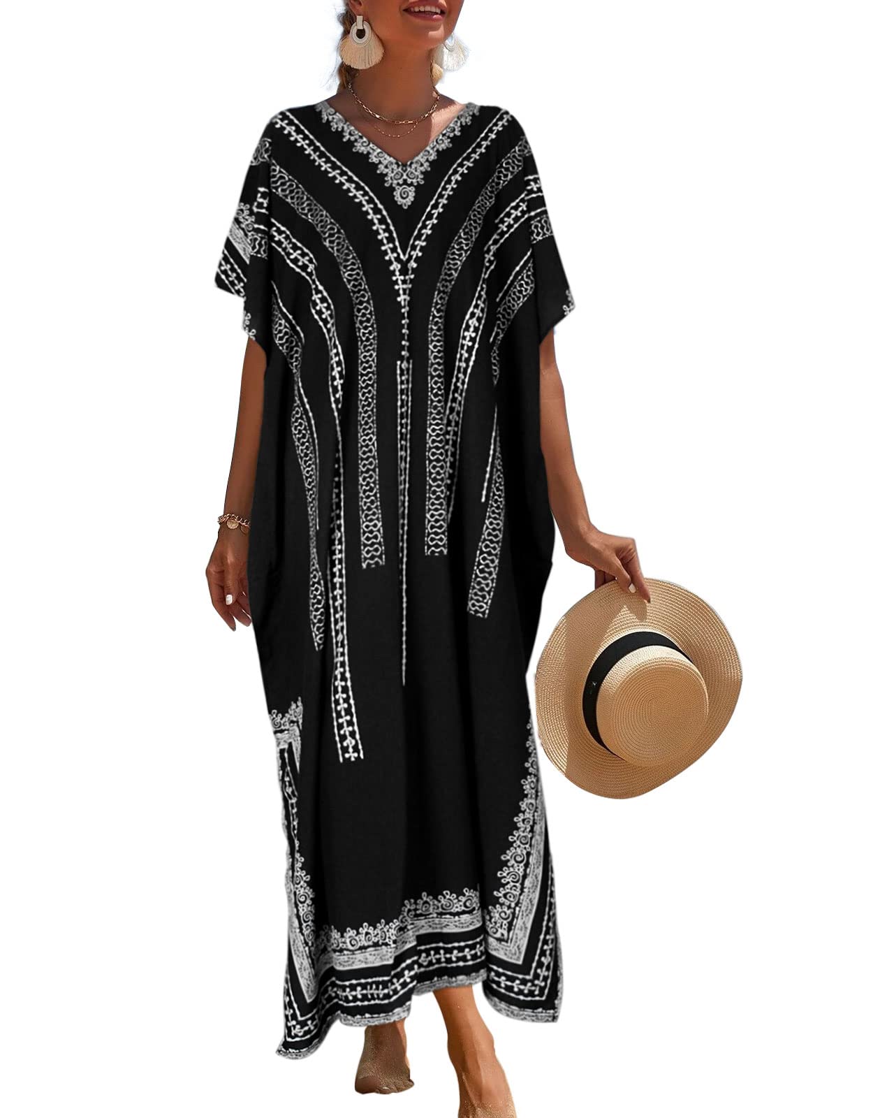 DRVITOR Women's Ethnic Print Kaftan Dress - Long Loose Batwing Sleeve Beach Cover Up - Maxi Swimsuit Cover Up (One Size) - Perfect for Beach Vacation, Pool Party & Summer Outings