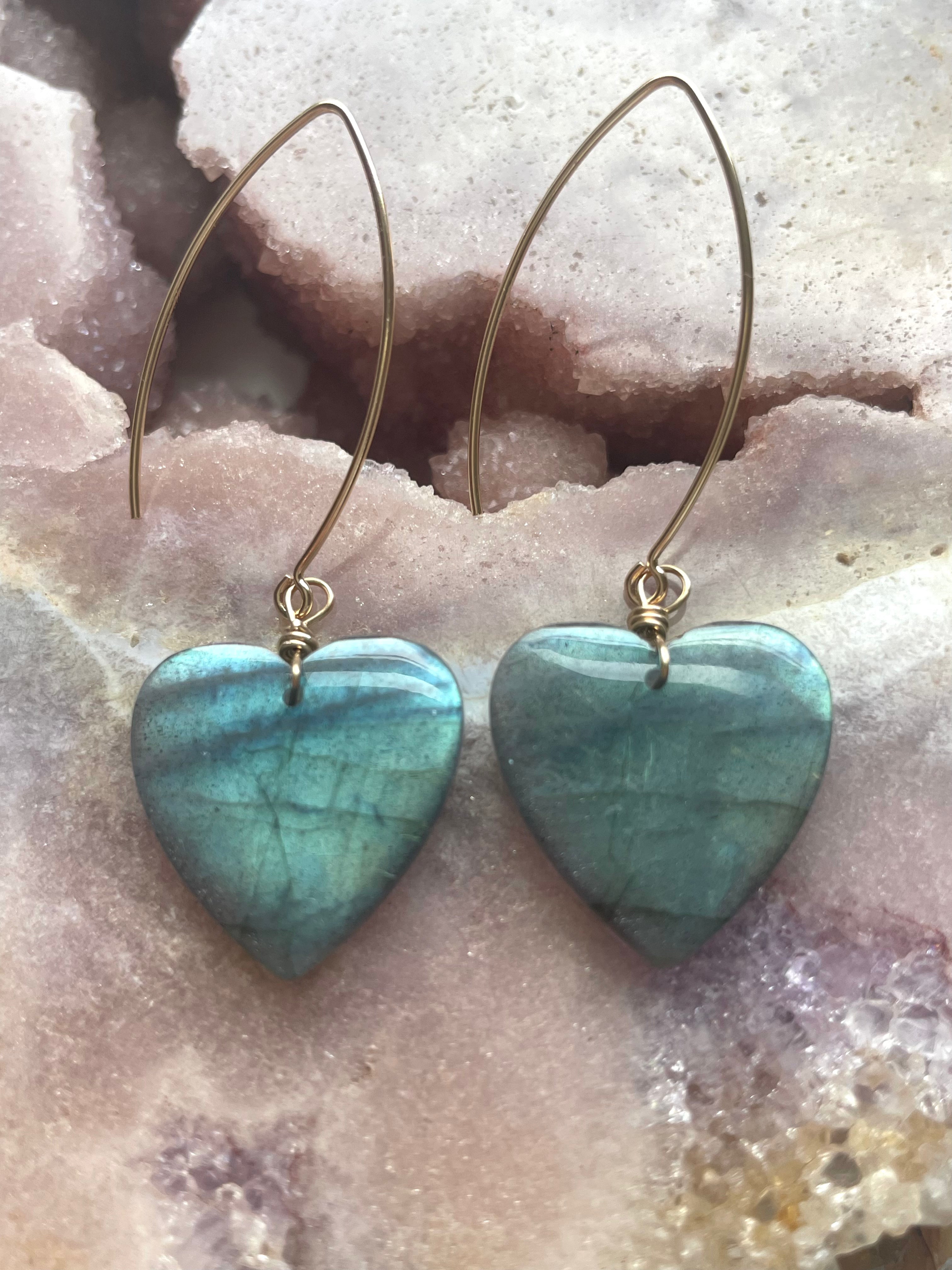 Statement Gold Labradorite Heart Dangle Drop Crystal Earrings for Women | Elegant Bohemian Jewelry for Party, Wedding & Special Occasions
