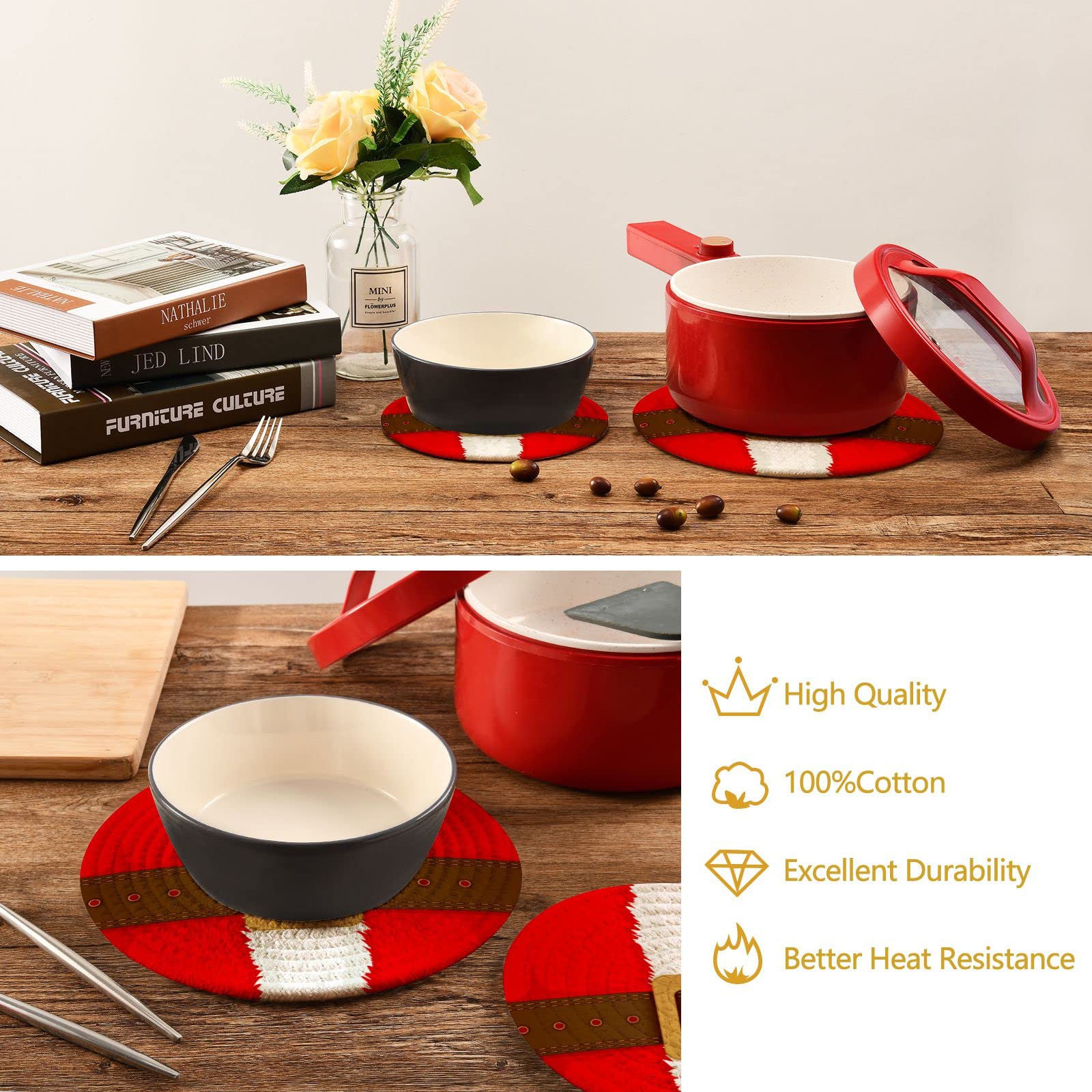 Christmas Belt Buckle Pot Holders - Set of 2 Heat Resistant Cotton Round Kitchen Potholders with Thread Weave Design for Stovetop & Oven Use - Perfect Holiday Home Decor & Coasters for Christmas Dinner Party