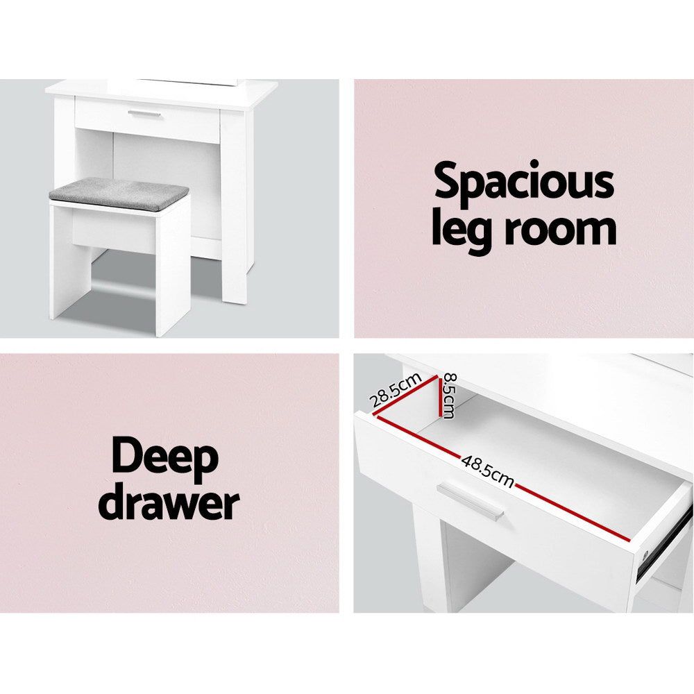 Artiss White Sliding Mirror Dressing Table Stool Set - Vanity Stool with Adjustable Mirror for Bedroom, Bathroom & Makeup Area