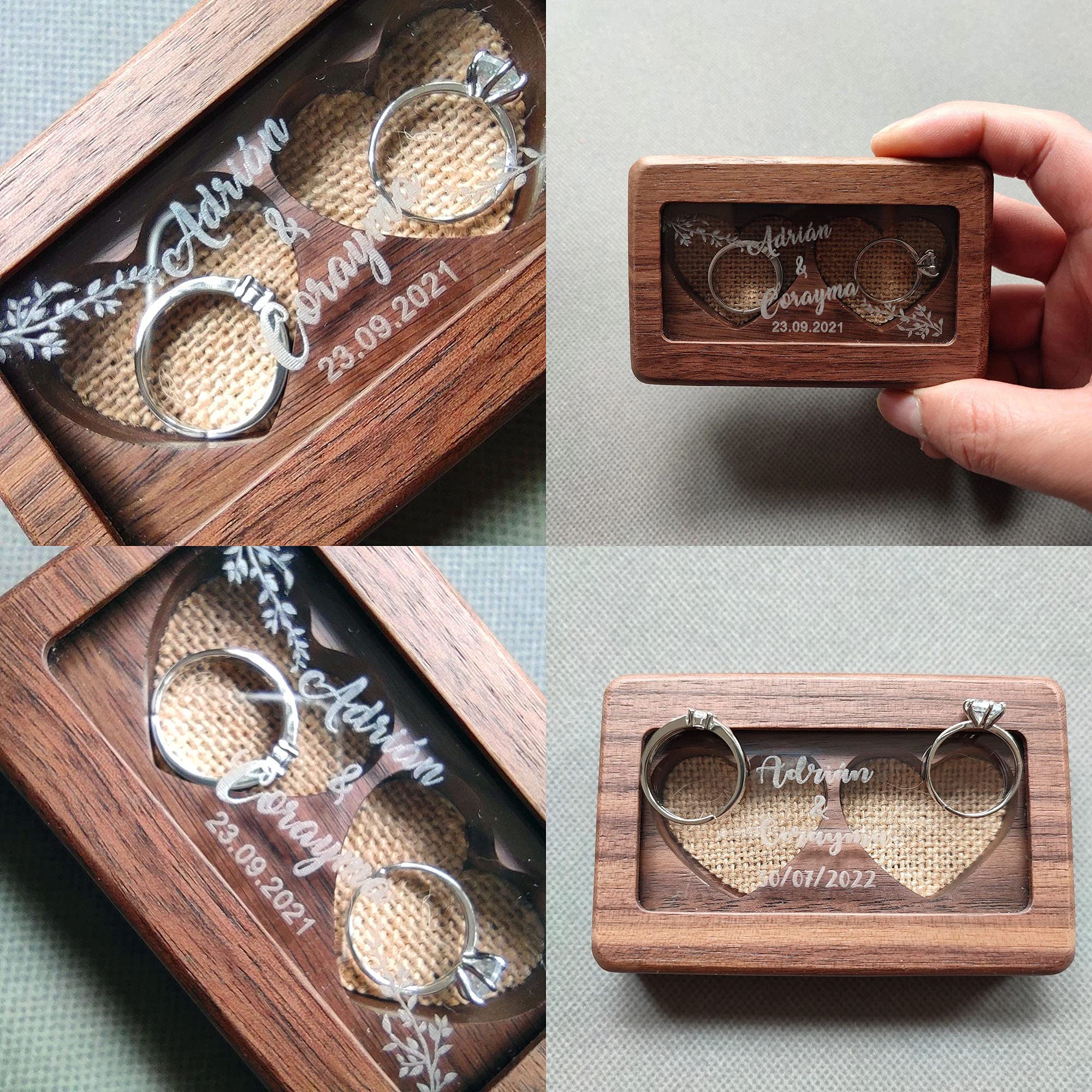 Personalized Double Heart Wooden Ring Box - Elegant Double Ring Holder for Engagement & Wedding Jewelry - Perfect for Proposals, Ceremonies & Gift Giving