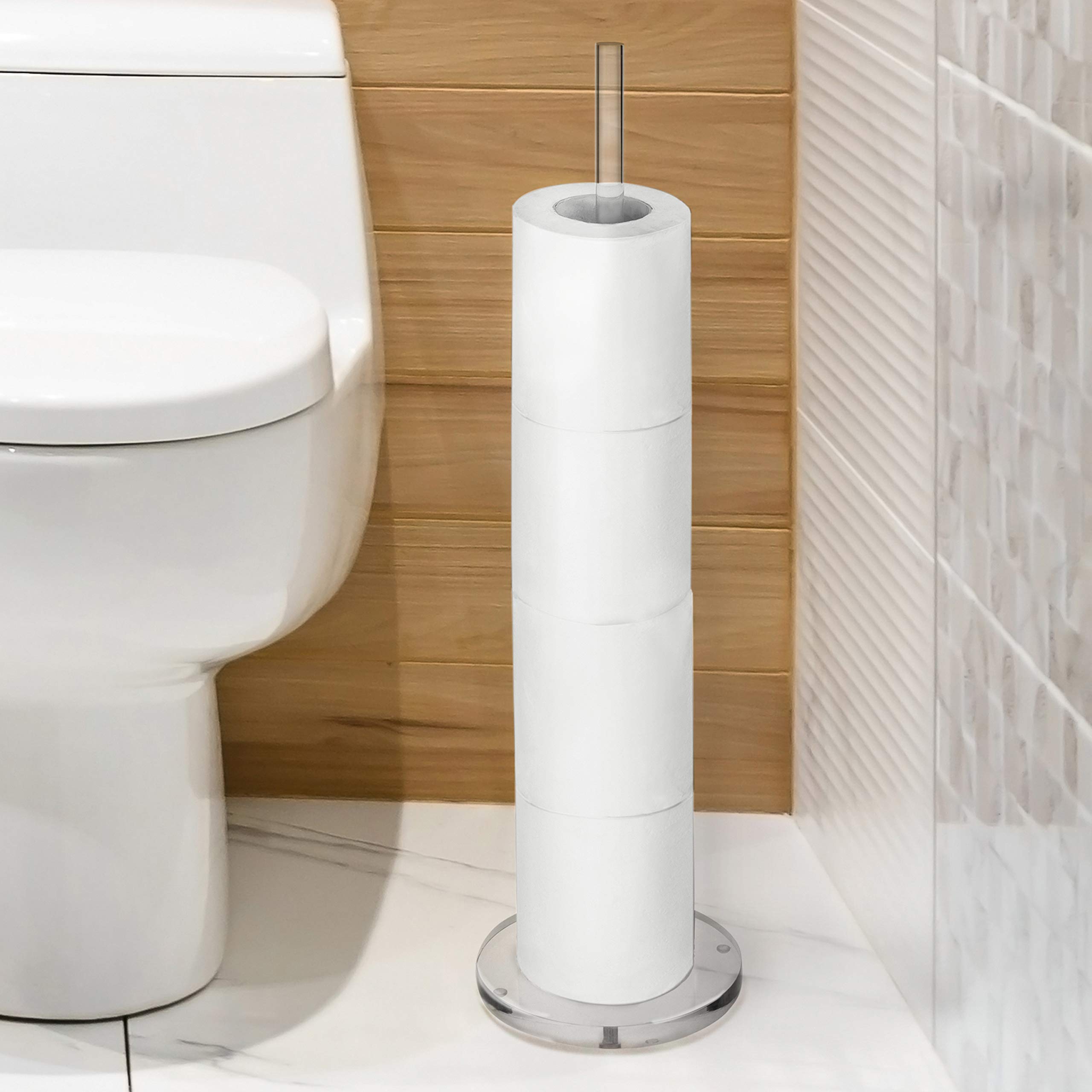 MyGift Premium Clear Acrylic 20-Inch Floor Standing Toilet Paper Holder - Modern Bathroom Tissue Storage Stand with Extra Roll Reserve - Perfect for Home, Office, and Guest Bathroom Organization