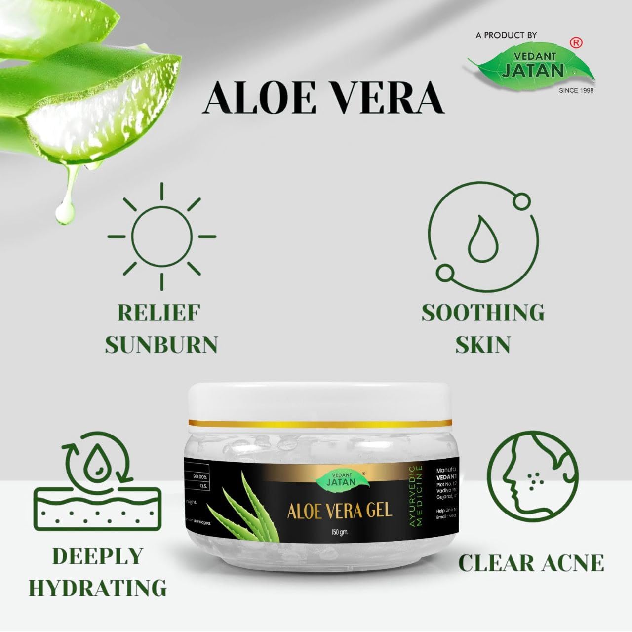 VEDANT JATAN Pure Aloe Vera Gel for Skin & Hair Care - Natural Moisturizer for Face, Acne Scars & Dark Circles (150g) | Perfect for Daily Hydration, Sunburn Relief & Hair Growth