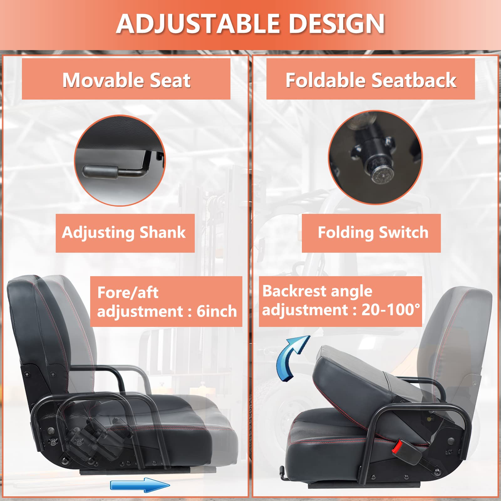 Universal Forklift Seat with Adjustable Backrest & Safety Belt - Heavy Duty Tractor Seat for Excavator, Skid Loader, Backhoe, Dozer & Telehandler - Ideal for Construction, Farming & Industrial Equipment Operators