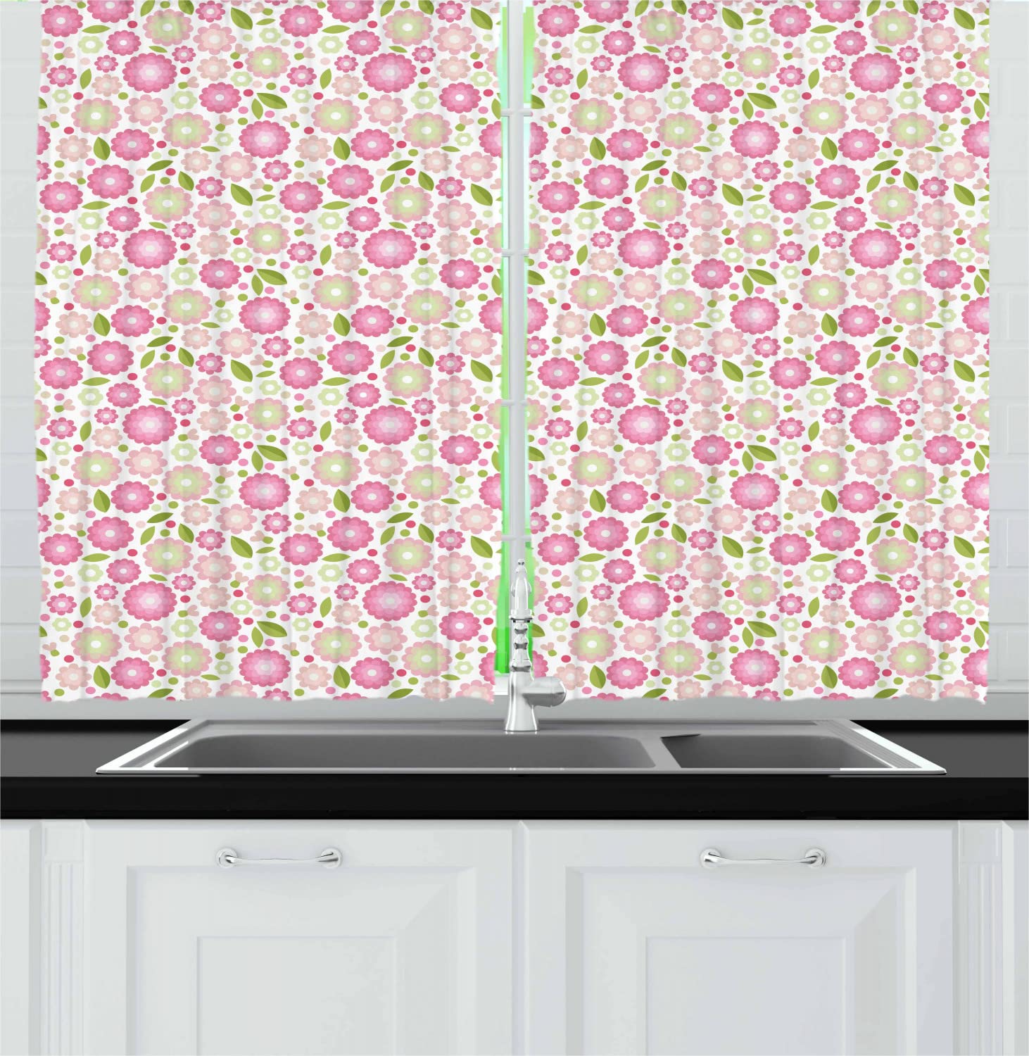 Ambesonne Floral Long Kitchen Curtains - Pastel Pink & Green Romantic Flower Design with Leaves, 2 Panel Rod Pocket Window Drapes 55