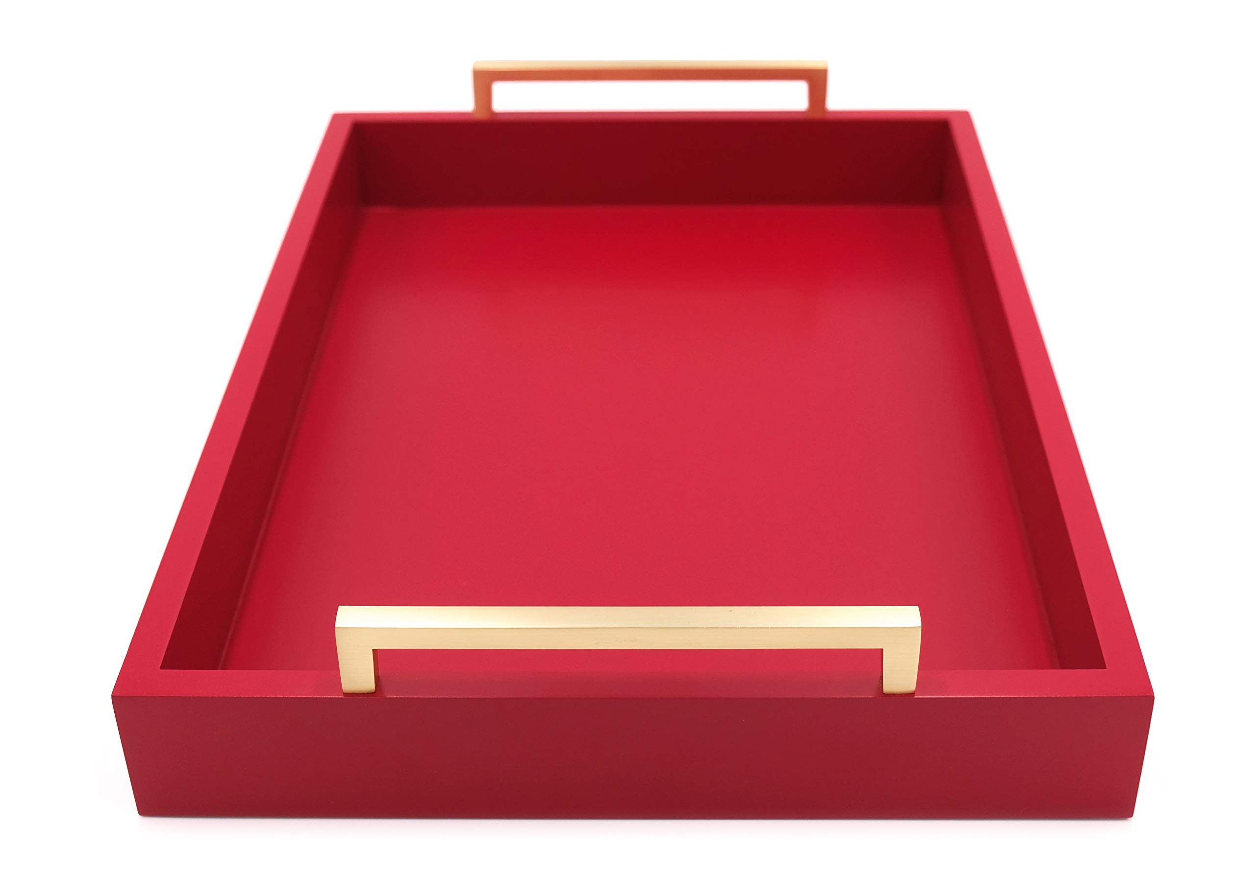 Farmhouse to Modern Decorative Coffee Table Tray with Champagne Gold Handles - Ottoman Serving Tray for Breakfast, Drinks & Liquor - Matte Finish Crimson Red - Perfect for Living Room, Bedroom & Home Decor
