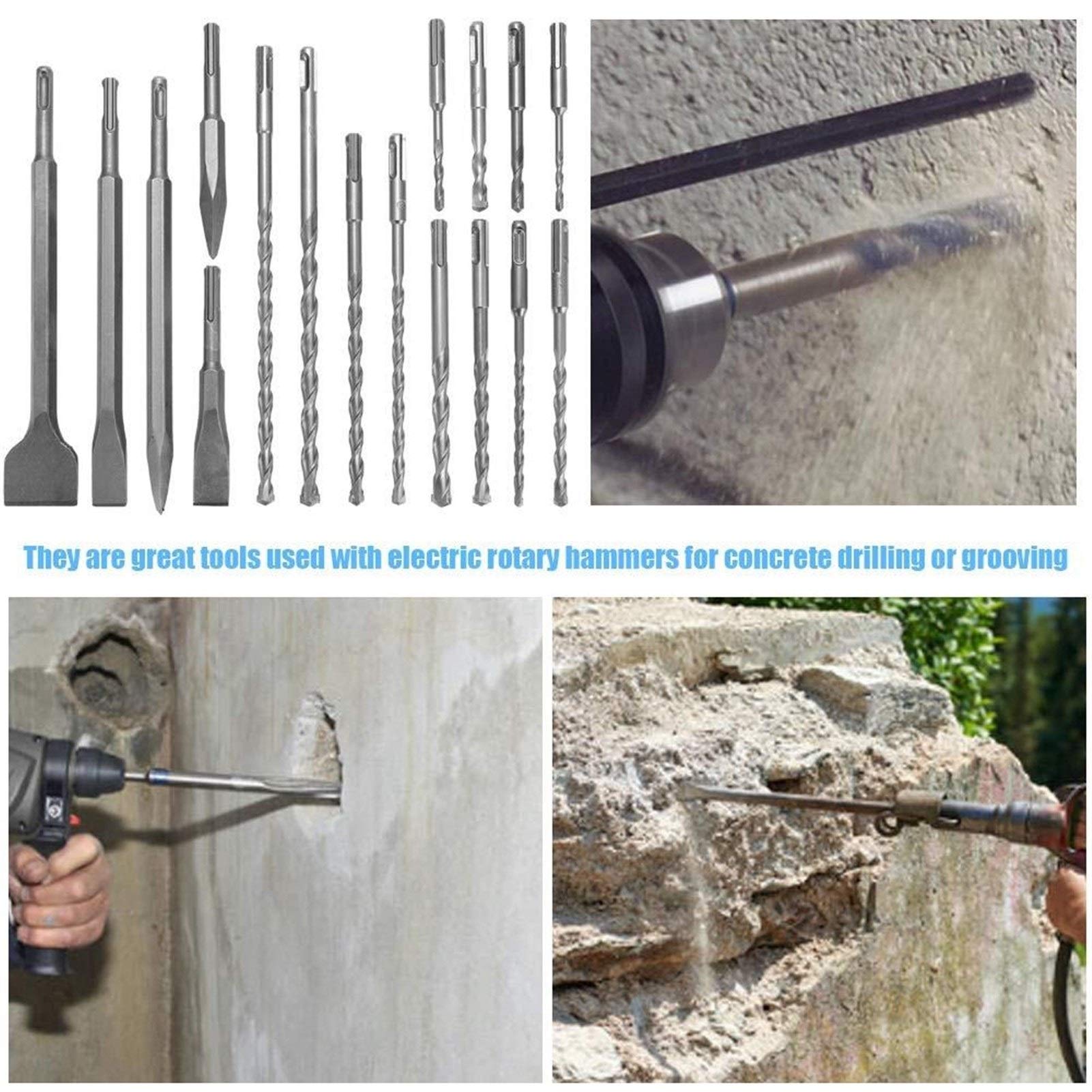 17pcs SDS Drill Bits and Chisels Set - Heavy Duty Rotary Hammer Drill Accessories for Concrete Drilling & Grooving | Durable Construction Tools with Aluminum Case | Perfect for DIY Projects, Home Renovation & Professional Construction Work