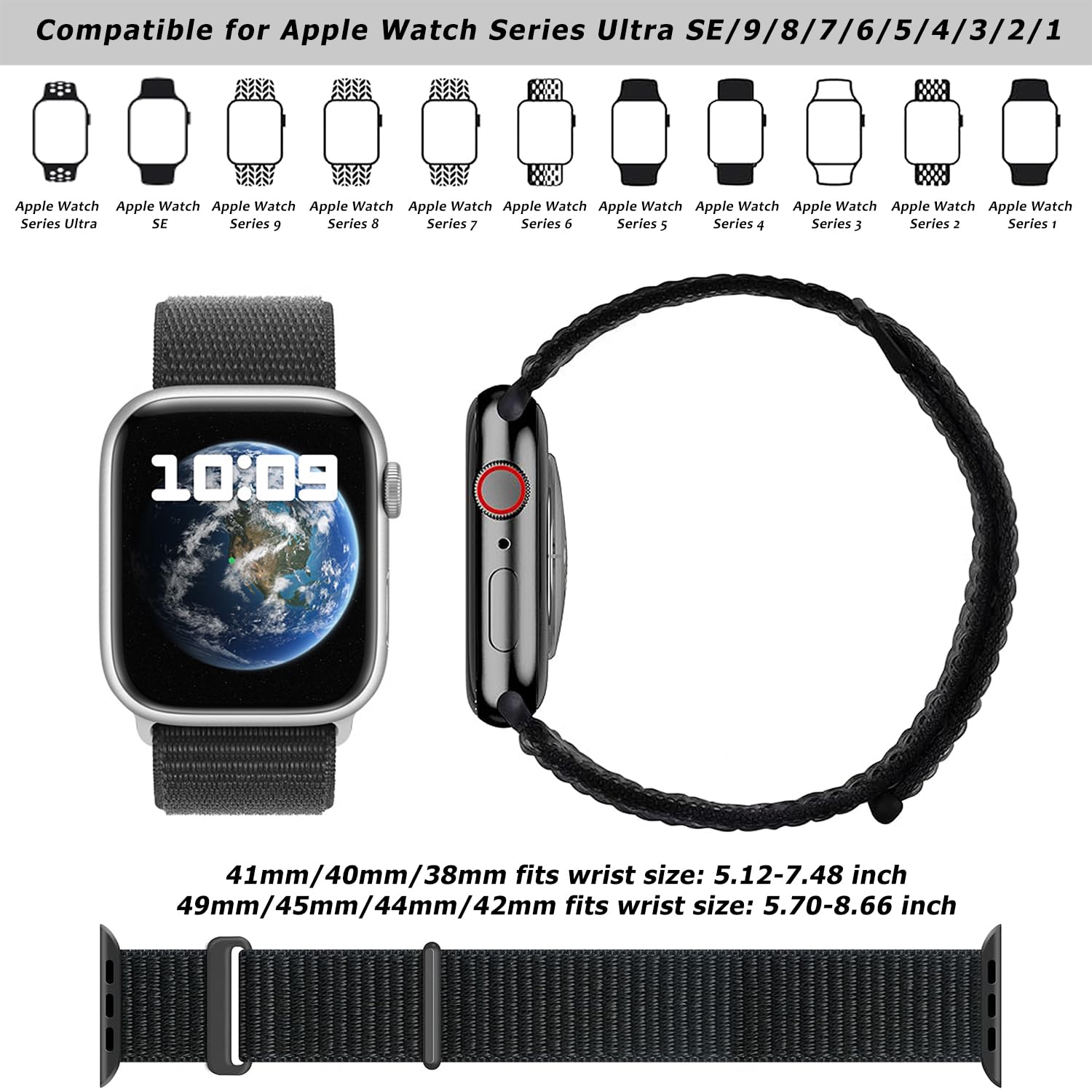 Nylon Sport Loop Bands for Apple Watch - Compatible with 38mm 40mm 41mm 42mm 44mm 45mm 49mm - Stretchy Breathable Strap for iWatch Series 9/8/7/6/5/4/3/2/SE/Ultra - Perfect for Workouts, Running & Everyday Wear (Dark Black)