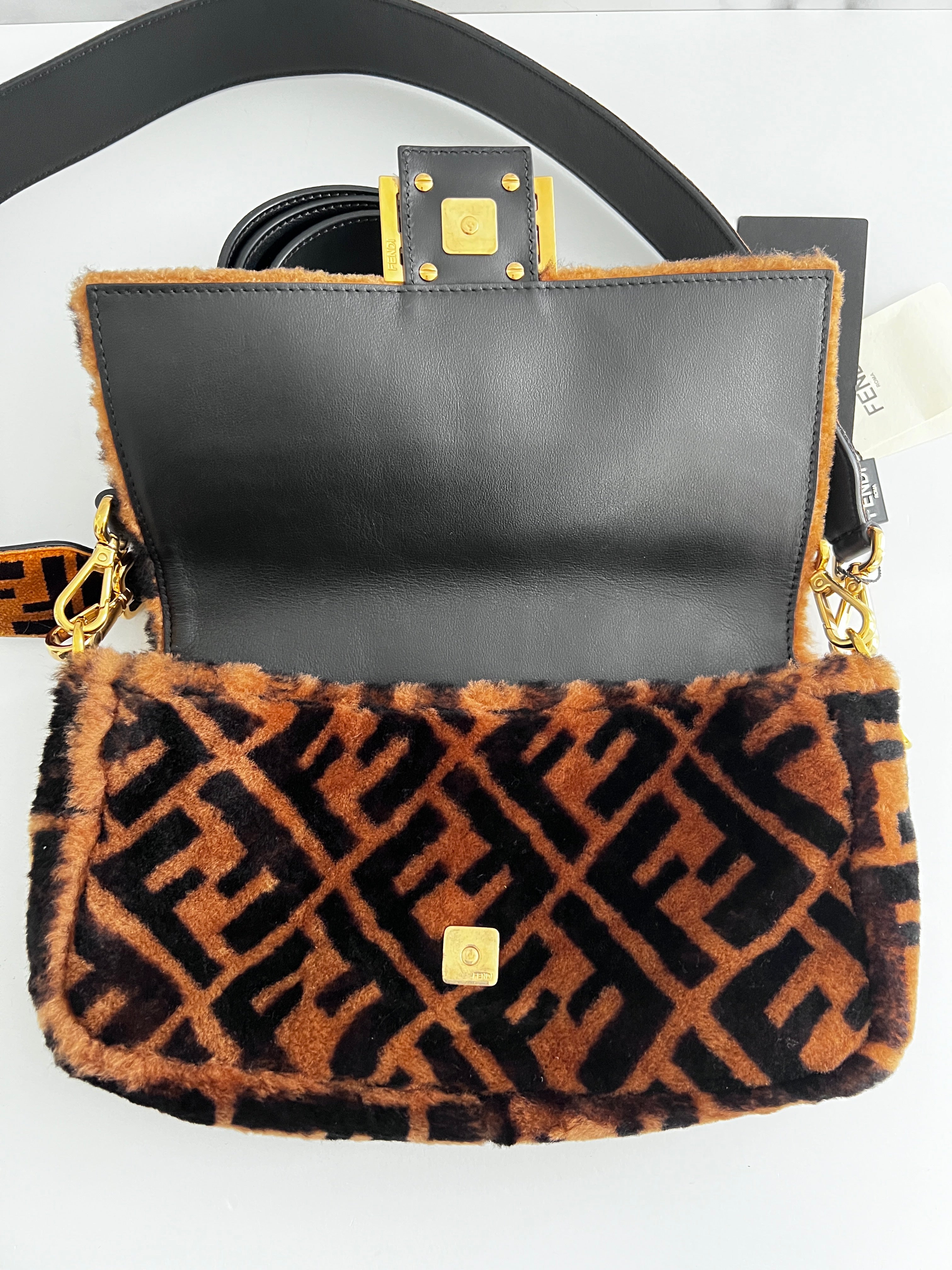 Fendi FF Shearling Baguette Bag with FF Velvet Strap - Luxury Crossbody Purse for Women, Perfect for Parties, Dates & Everyday Use