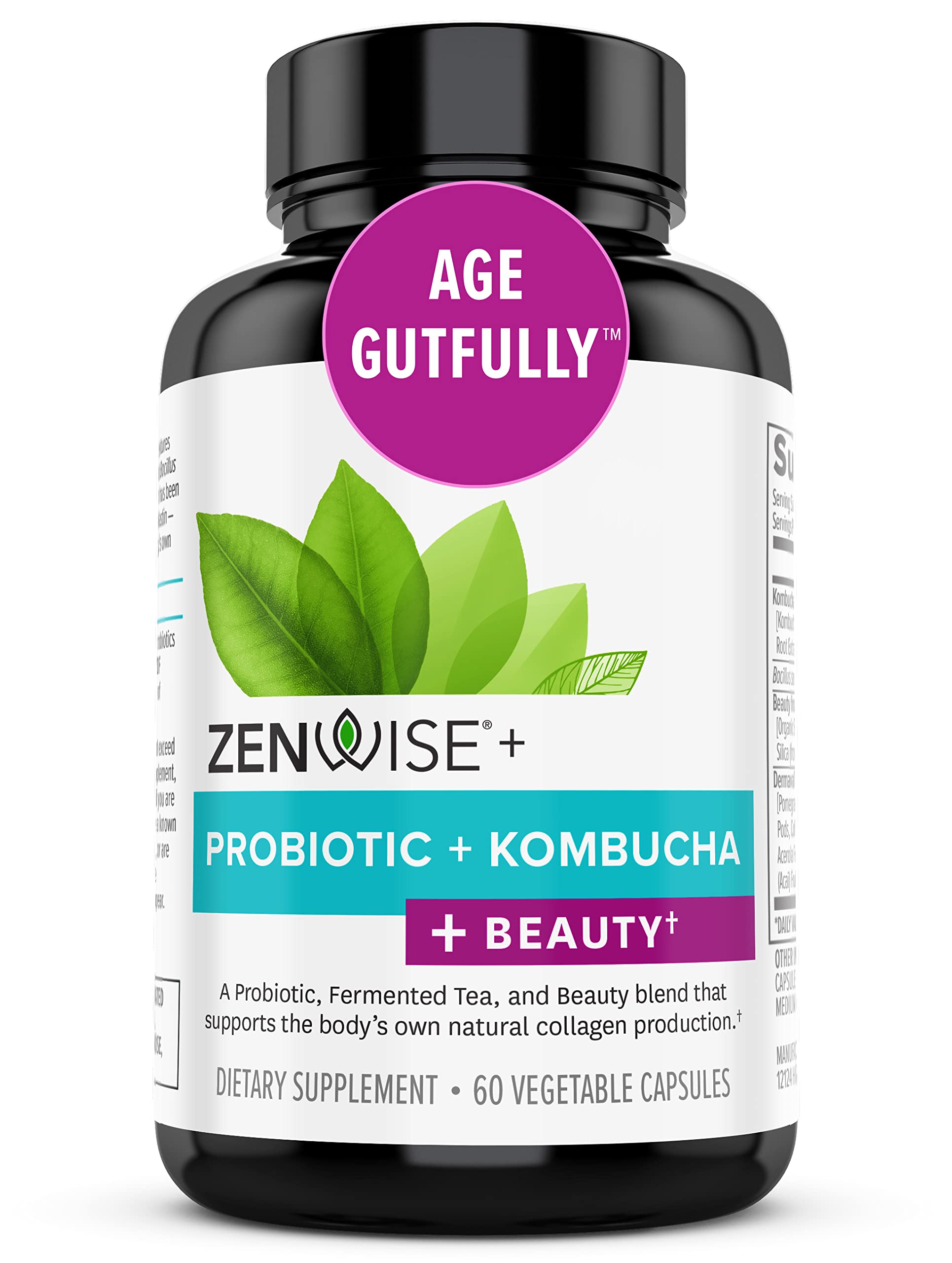 Zenwise Probiotics + Beauty from Within – Vegan Collagen Support Supplement with Hyaluronic Acid for Wrinkle Repair & Digestive Health – 60 Capsules for Women – Supports Skin Hydration & Gut Wellness for Daily Beauty Routine