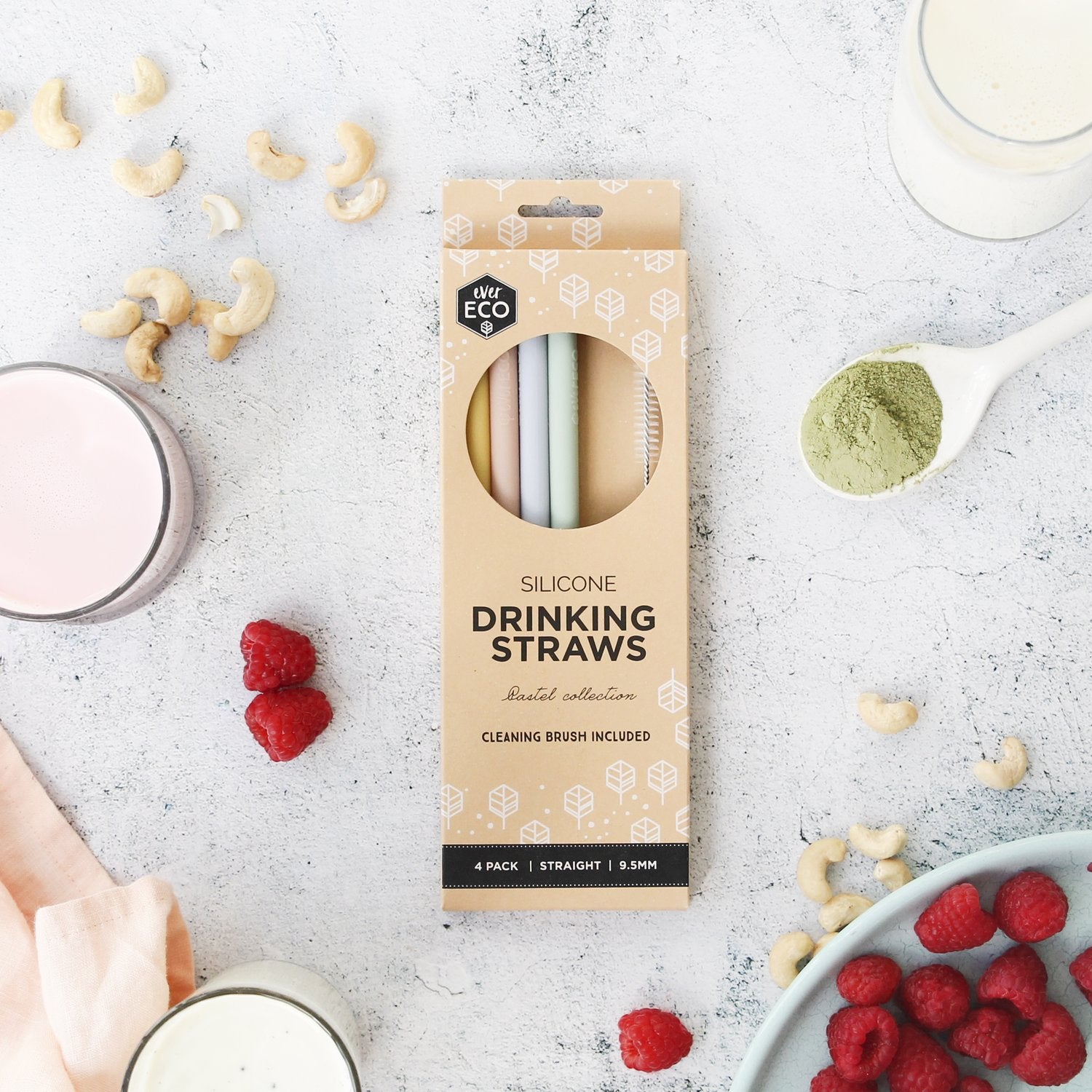 Ever Eco 4 Pack Reusable Straight Silicone Drinking Straws with Cleaning Brush - BPA Free, Eco Friendly, Dishwasher Safe - Perfect for Smoothies, Iced Coffee & Home/Office Use