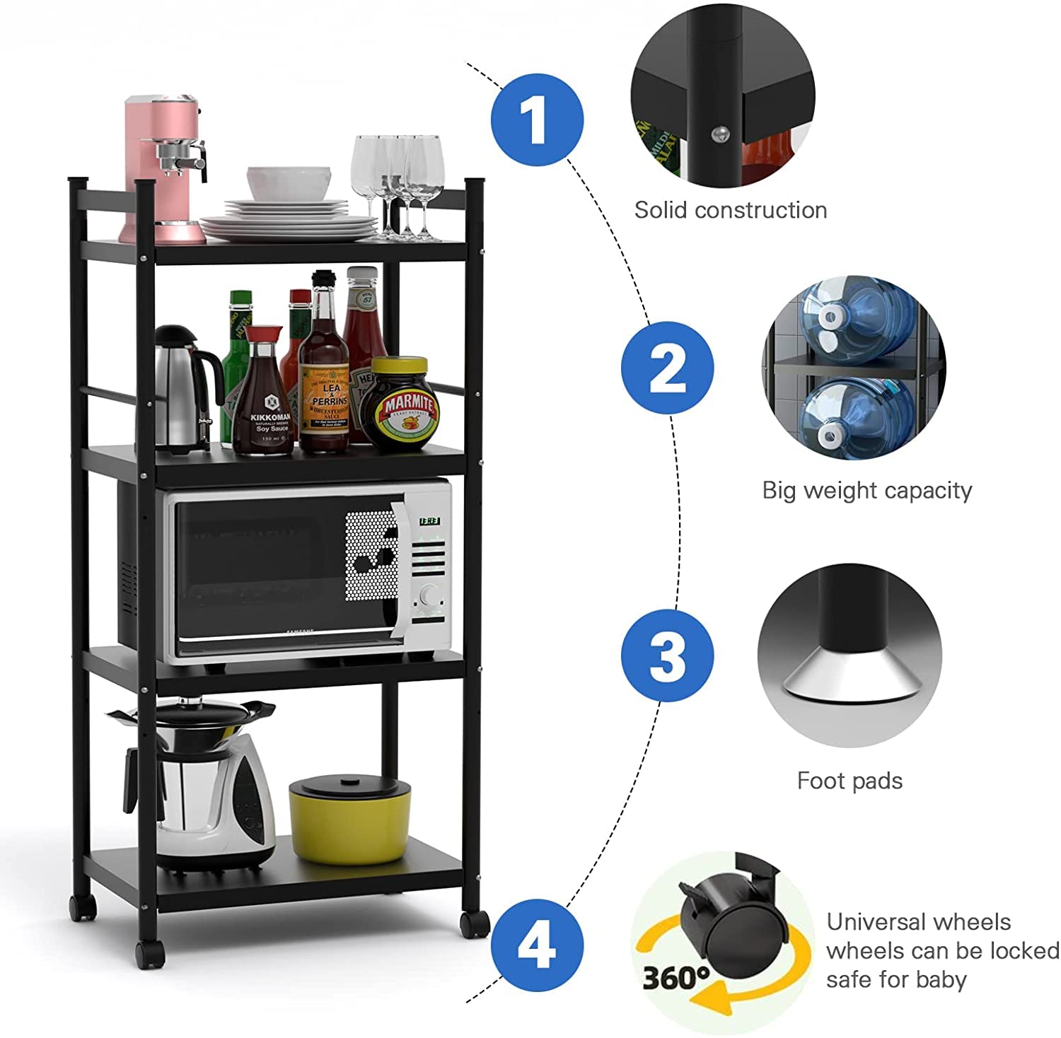 Heavy Duty 4-Tier Metal Kitchen Baker's Rack with Wheels - XL200 Black Storage Shelving Unit (23.6