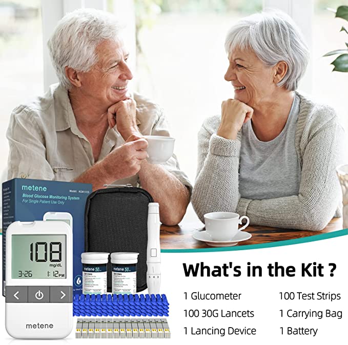 Metene AGM 513S Blood Glucose Monitor Kit with 100 Test Strips & 100 Lancets - Accurate Diabetes Testing for Home Use & Travel