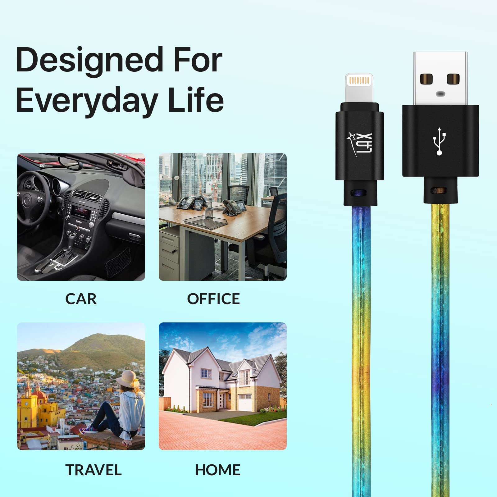 LAX Gadgets USB A to Lightning Cable - Apple MFI Certified Fast Charging Cable for iPhone, iPad, iPod - 6ft Glitter Rainbow Premium Stitched Design - Perfect for Home, Office & Travel Charging