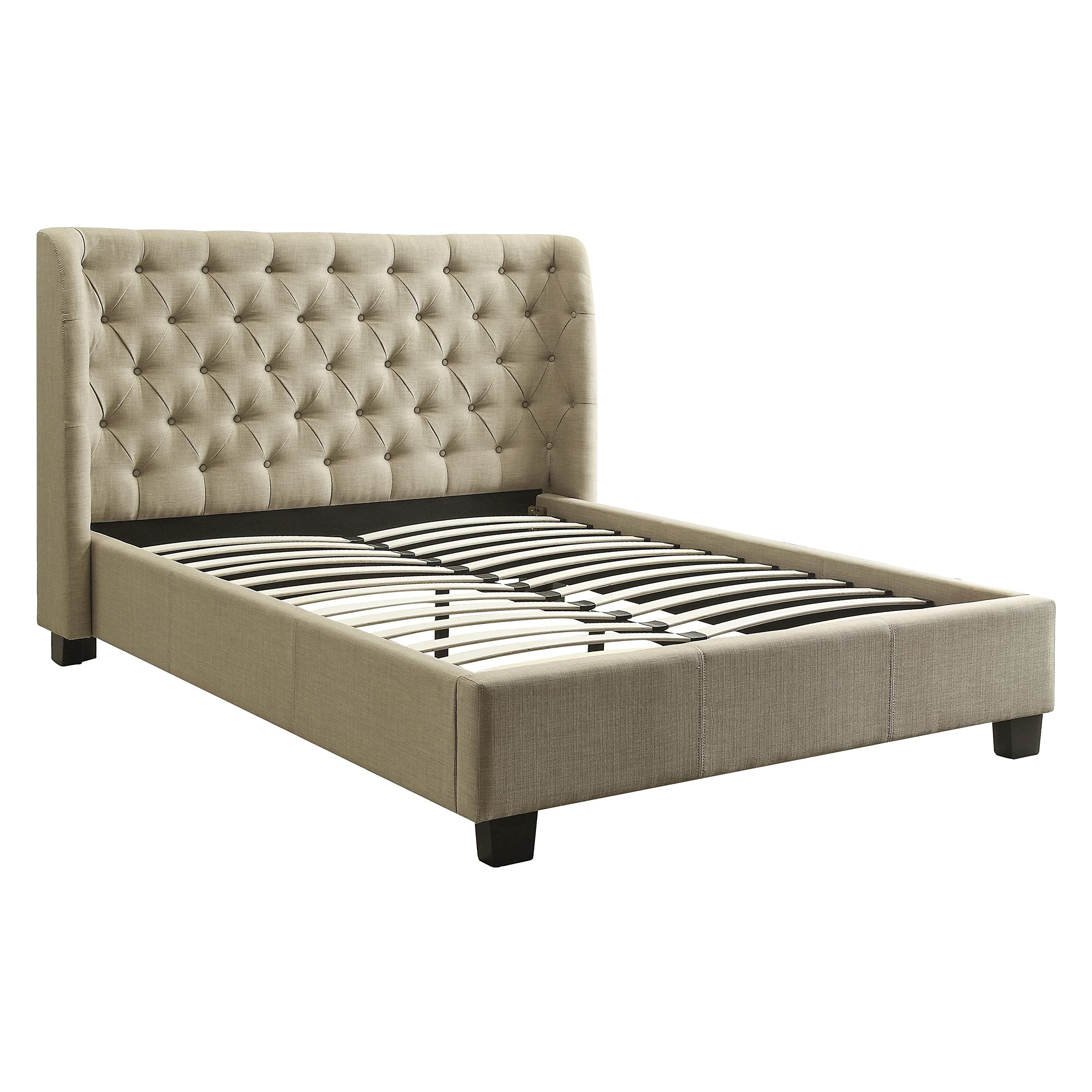 Modus Furniture Solid Wood Queen Size Platform Bed Frame - Levi Toast Linen Upholstered Headboard | Modern Bedroom Furniture for Small Spaces & Guest Rooms