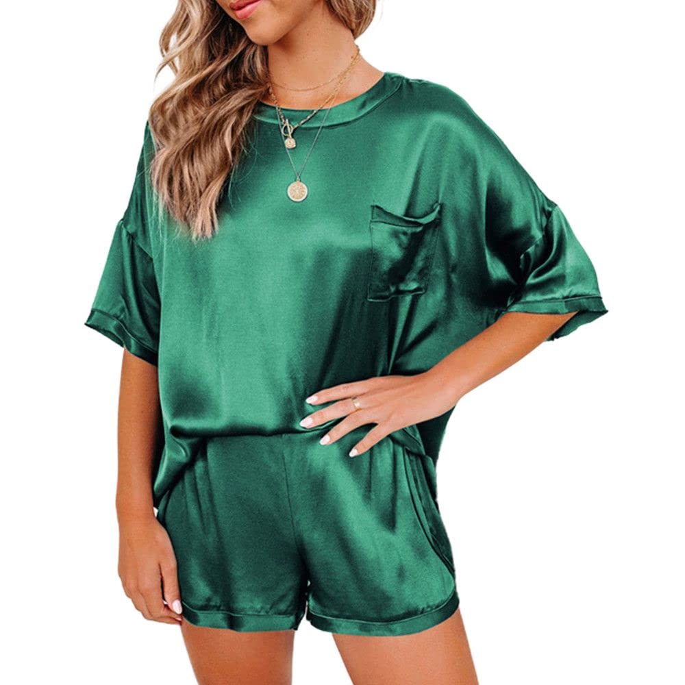 Women's Summer Satin Pajama Set - Imitation Silk Sleepwear & Loungewear - Soft Breathable Loose Fit PJS for Sleeping, Relaxing at Home, Spa Days & Vacation Getaways