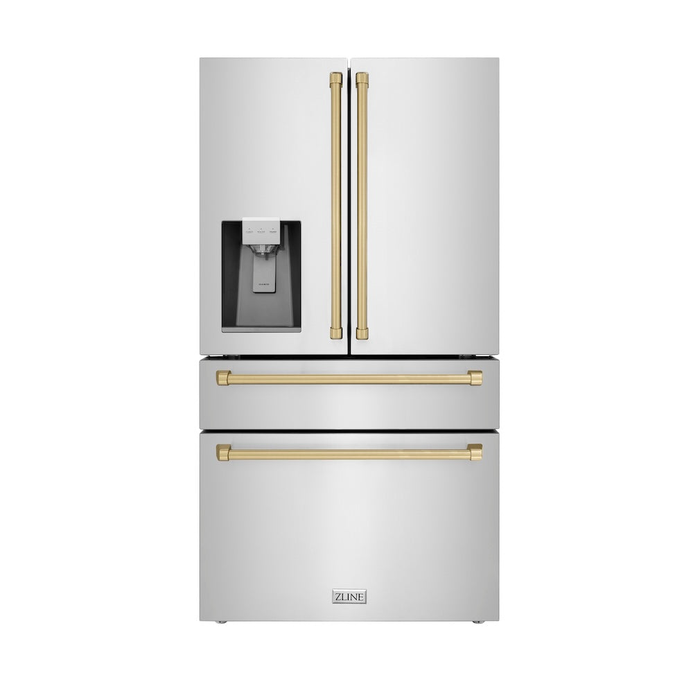 ZLINE Autograph Edition 36 Inch Counter Depth French Door Refrigerator - 21.6 cu ft Capacity, Fingerprint Resistant Stainless Steel with Champagne Bronze Handles, Built-in Water and Ice Dispenser (RFMZ W 36 CB) - Perfect for Modern Kitchens, Open Concept Homes, and Entertaining Spaces