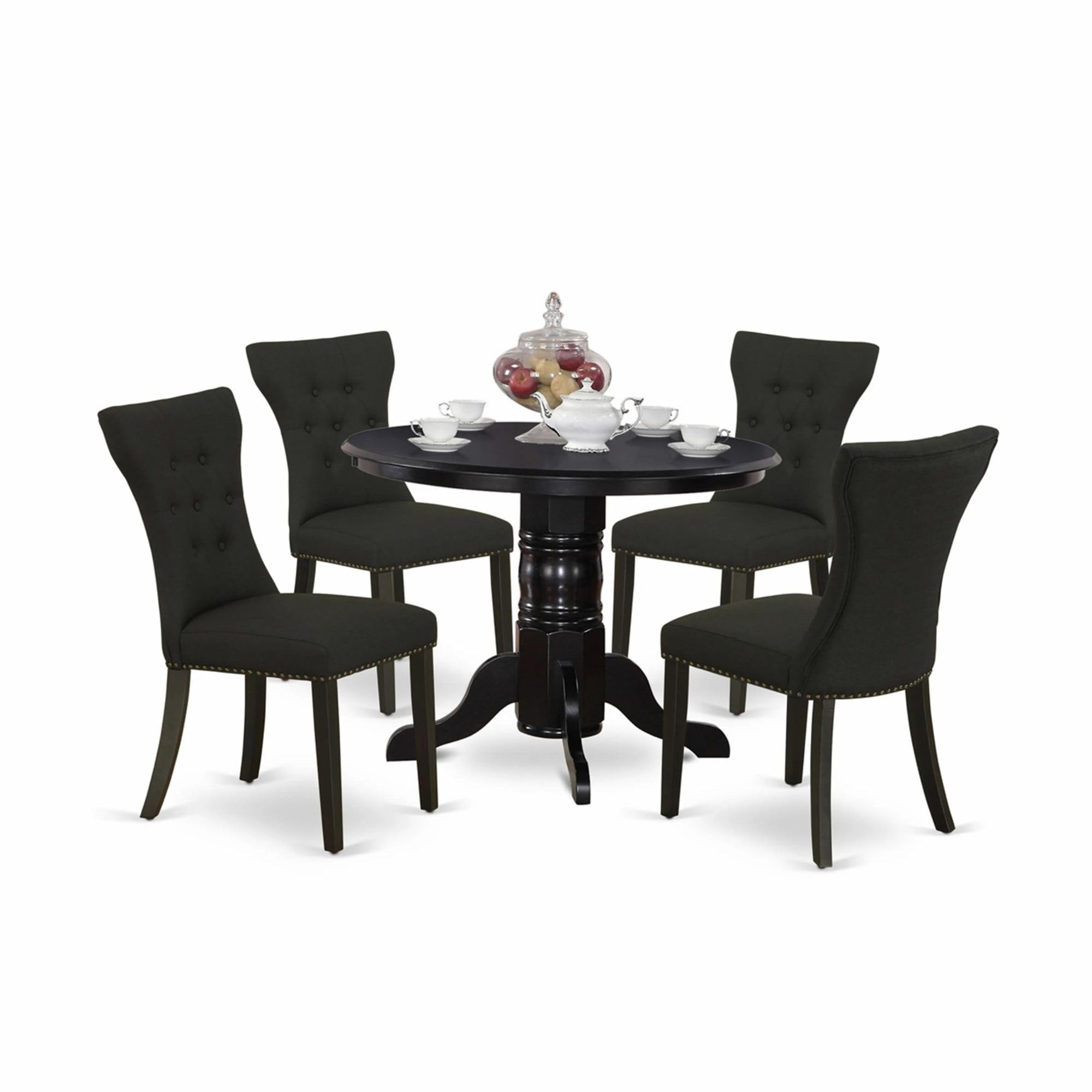 East West Furniture SHGA5-BLK-24 5-Piece Round Dining Table Set for 4 - 42x42 Inch Black Kitchen Table with Pedestal Base & 4 Black Linen Upholstered Chairs - Perfect for Small Spaces, Breakfast Nooks, and Cozy Kitchen Dining