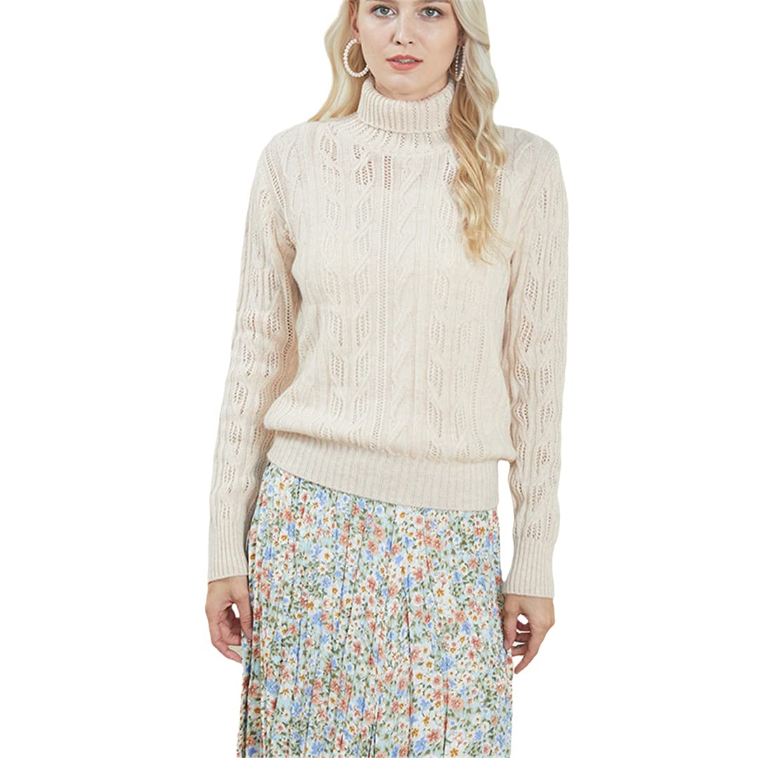 Women's 100% Cashmere Sweater - Warm Long Sleeve Turtleneck Pullover Knit Jumper for Autumn/Winter | Beige & White | XXL | Cozy Office Wear & Casual Outfits