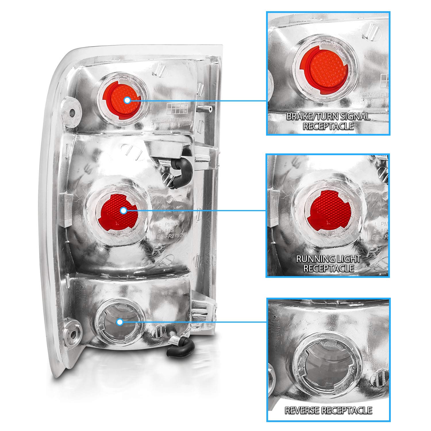 AmeriLite Chrome Replacement Brake Tail Lights Set for 1998-2000 Ford Ranger - Left & Right Side - Enhances Safety & Style for Pickup Trucks