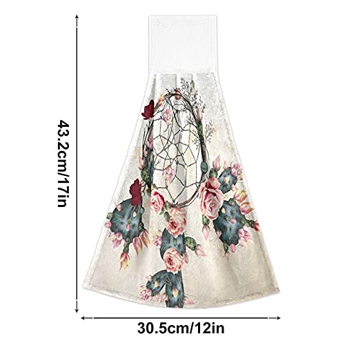 2 Pack Boho Rose Flower Indian Dream Catcher Kitchen Towels - Soft Microfiber Coral Velvet Hand Towels with Loops, Absorbent Dish Towels for Bathroom, Kitchen & Decor - Perfect for Washing Dishes, Drying Hands & Bohemian Home Decor