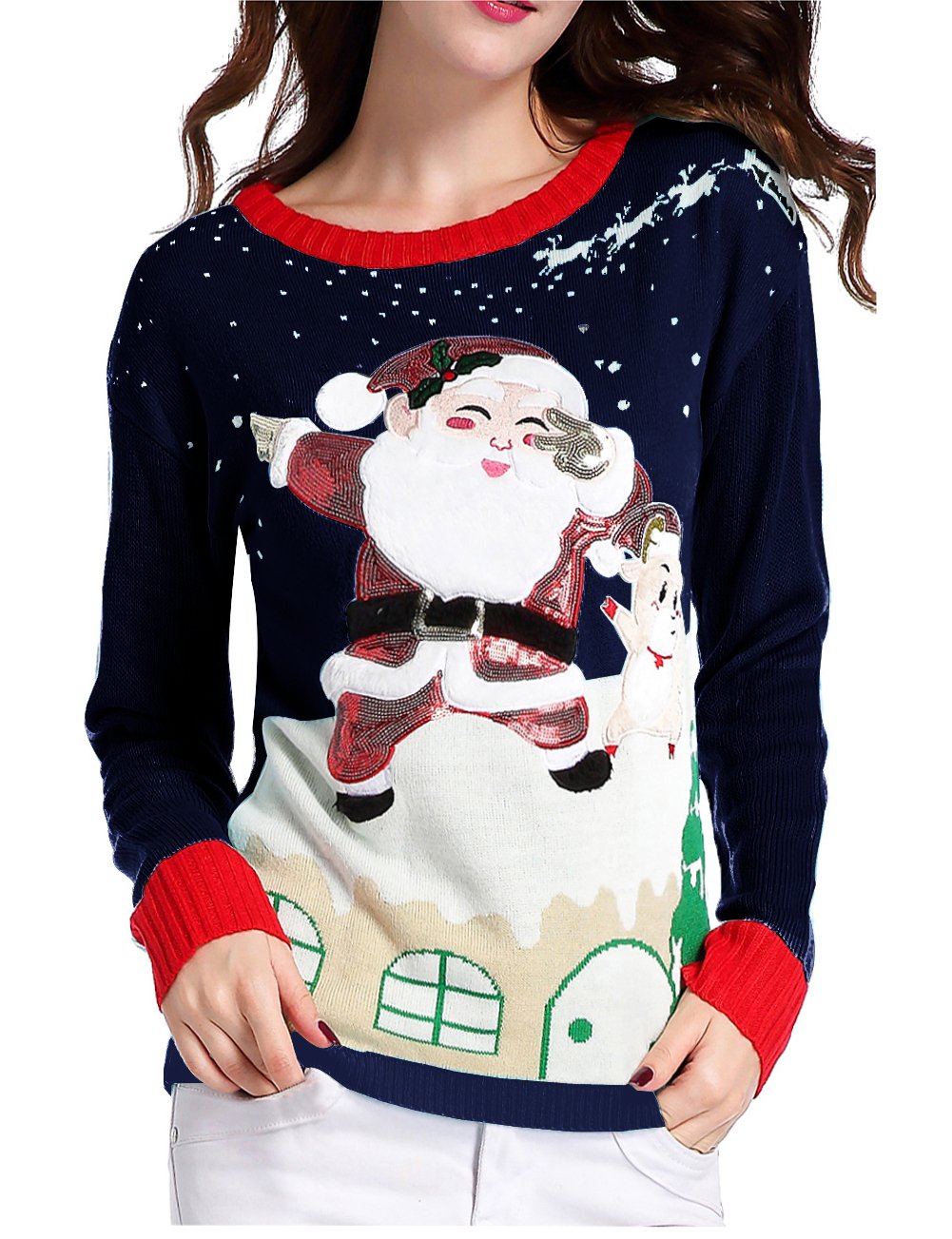 V28 Women's Ugly Christmas Sweater - Festive Reindeer Knit Pullover for Holiday Parties & Family Gatherings