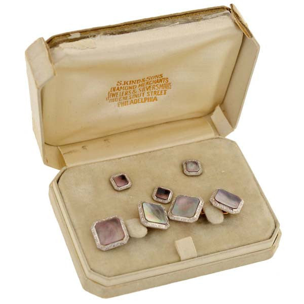 KREMENTZ Edwardian 14kt Gold Platinum Black Mother of Pearl 5-Piece Cufflink Set for Men - Elegant Formal Wear Accessories for Weddings, Business & Special Occasions