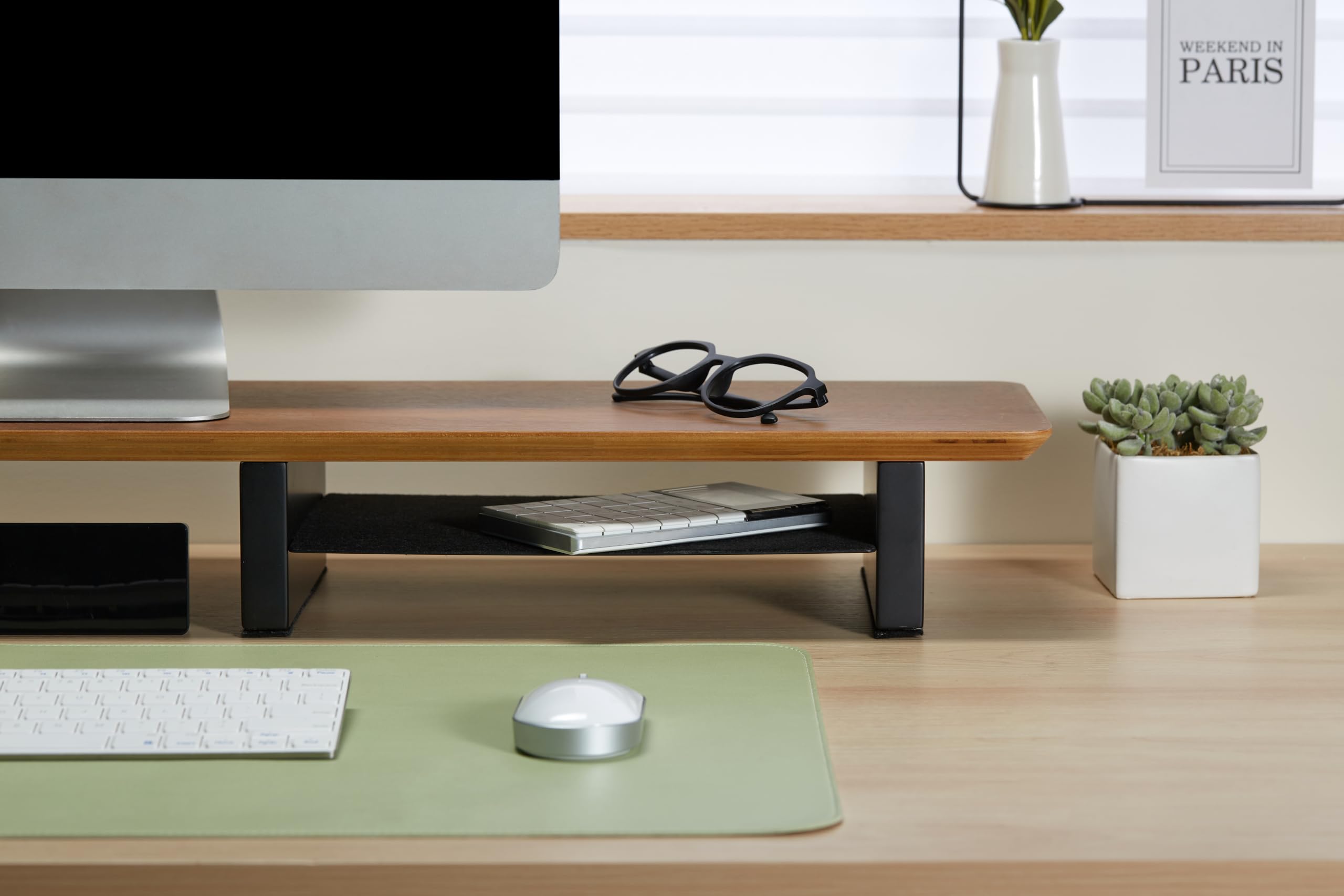 XL 44 Inch Walnut Wood Monitor Stand for Desk - Large Dual Monitor Riser with Desk Shelf, Solid Wood Computer Monitor Stand for Home & Office Workspace