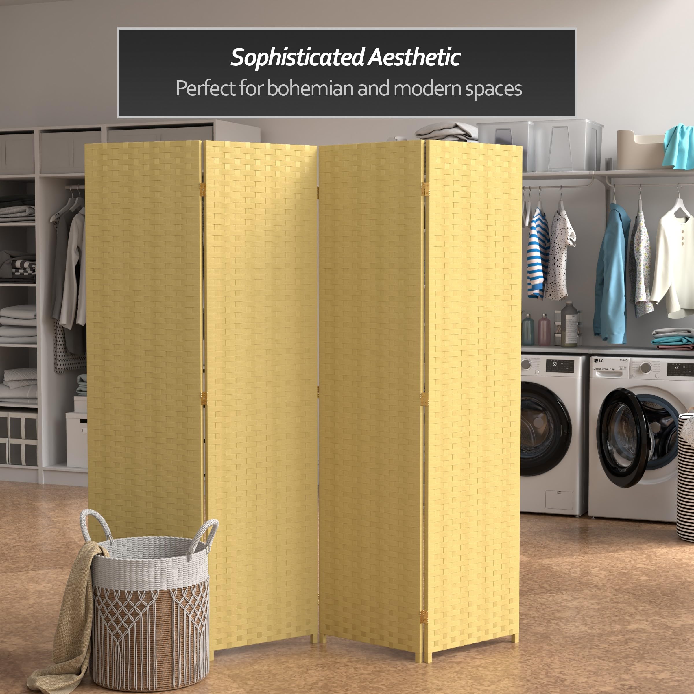 6 ft. Tall Red Lantern Woven Fiber 4-Panel Room Divider - Dark Beige Privacy Screen for Bedroom, Office, or Living Room Partition