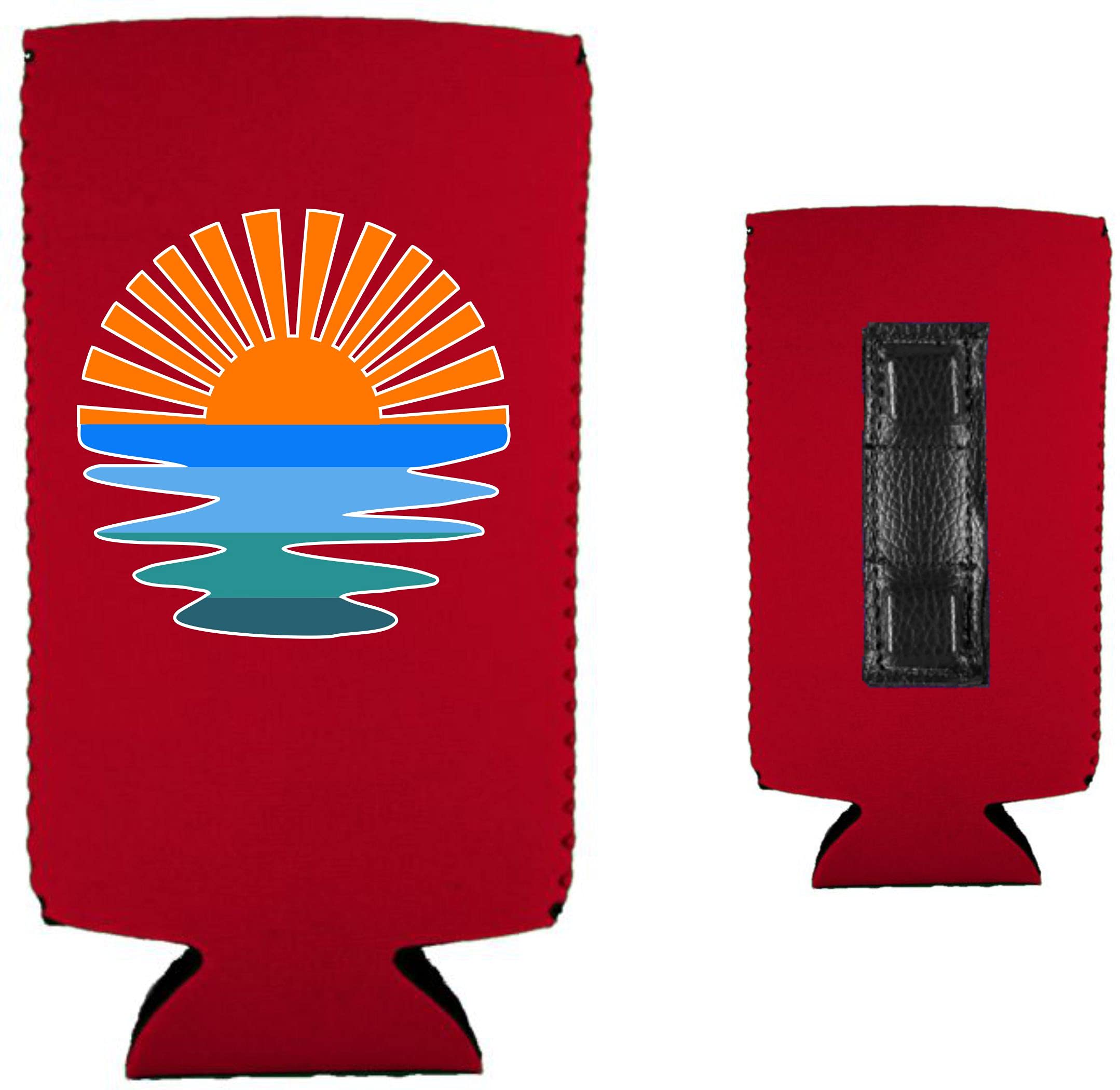Retro Sunset Magnetic Slim Can Cooler (1 Pack, Red) - Keep Drinks Cold for Beach, BBQ, and Outdoor Parties