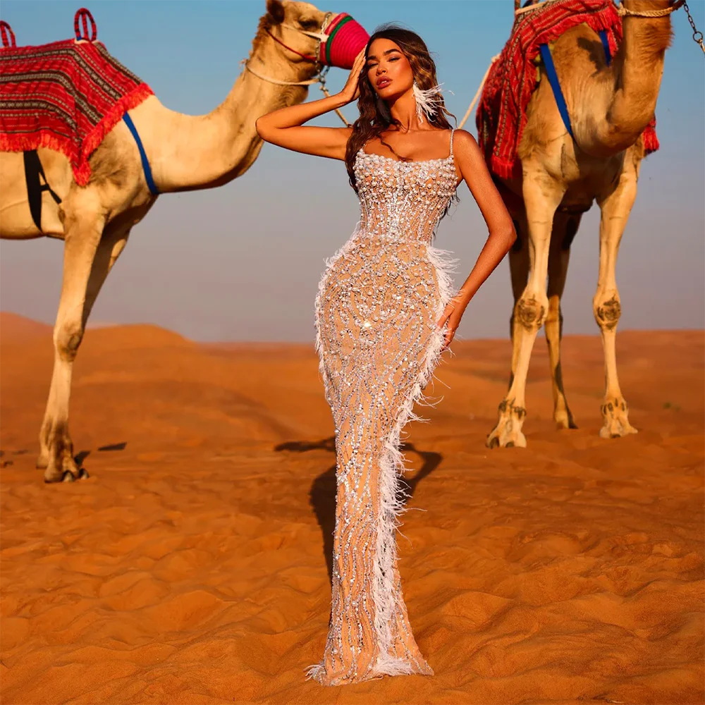 Elegant Dubai Arabic White Nude Spaghetti Strap Feather Beaded Mermaid Evening Gown - Formal Party Dress for Weddings, Galas & Red Carpet Events LA72823