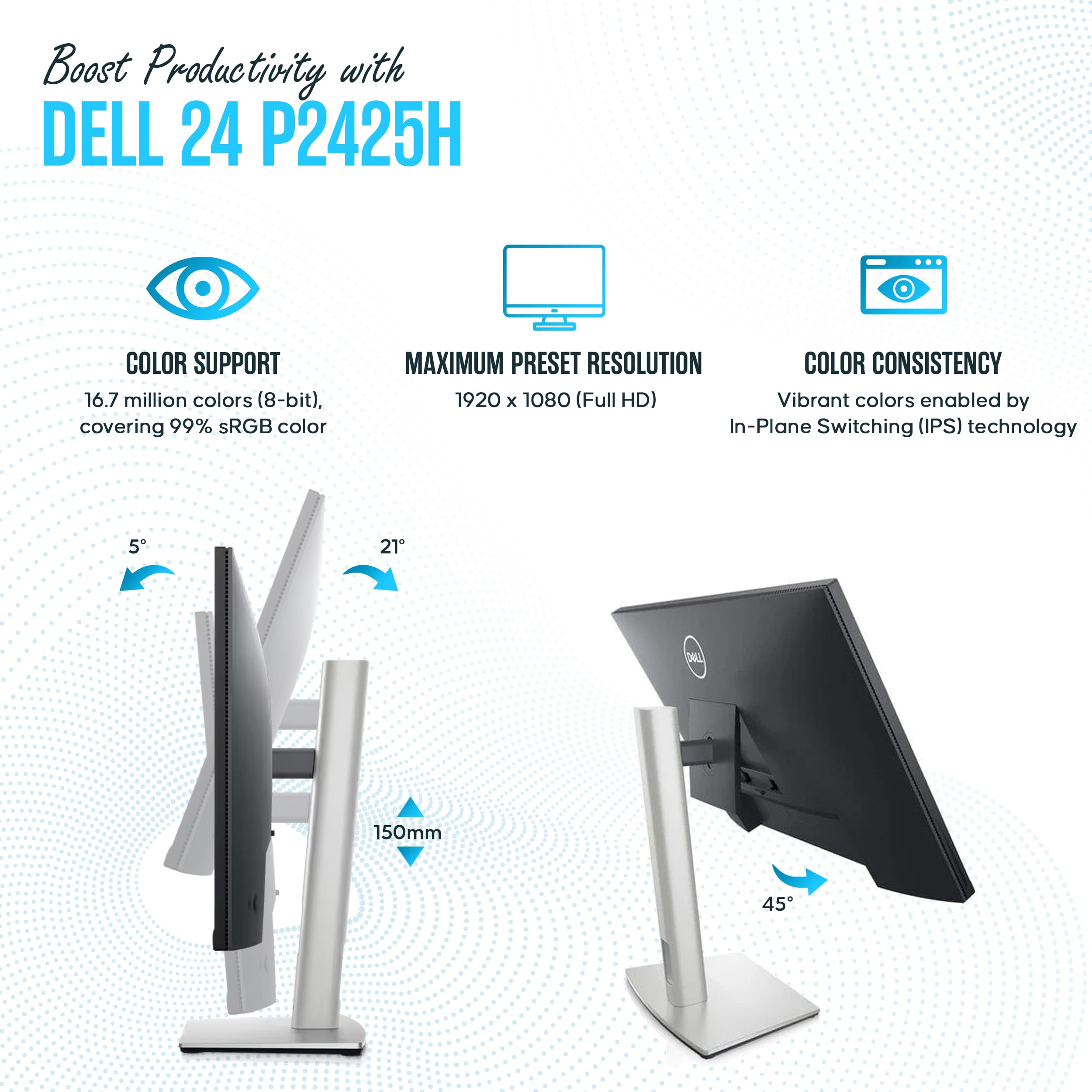 Dell P2425H 24 Inch IPS LED Monitor - Full HD 1920x1080, 100Hz Refresh Rate, 16:9 Aspect Ratio - Includes Stand, Power Cable, DisplayPort & USB 3.0 Cables - 1 Year Warranty - Perfect for Home Office, Gaming & Professional Workstations