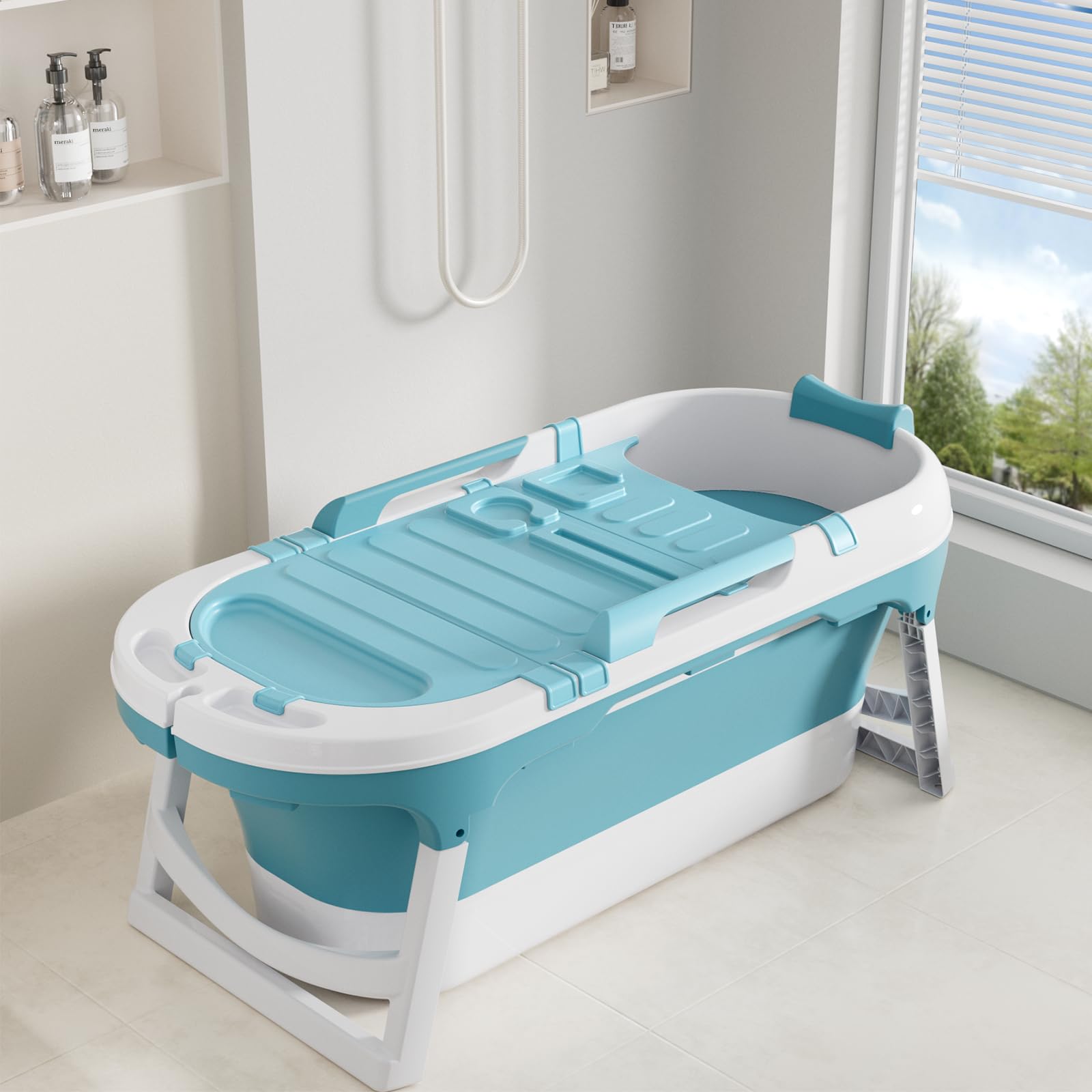 KAIYAN 55 Inch Portable Foldable Bathtub for Adults - Collapsible Freestanding Soaking Tub with Lid & Neck Pillow - Perfect for Hot Baths, Ice Baths, Steam Therapy & Relaxation at Home (Blue)