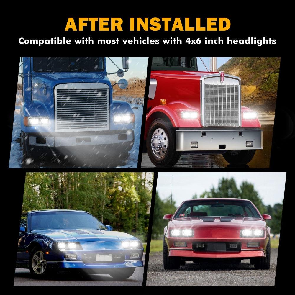 4x6 LED Headlights with DRL - DOT Approved High/Low Beam Rectangular Headlamps for Peterbilt, Kenworth, Freightliner & Ford Trucks - Perfect for Night Driving & Off-Road Adventures