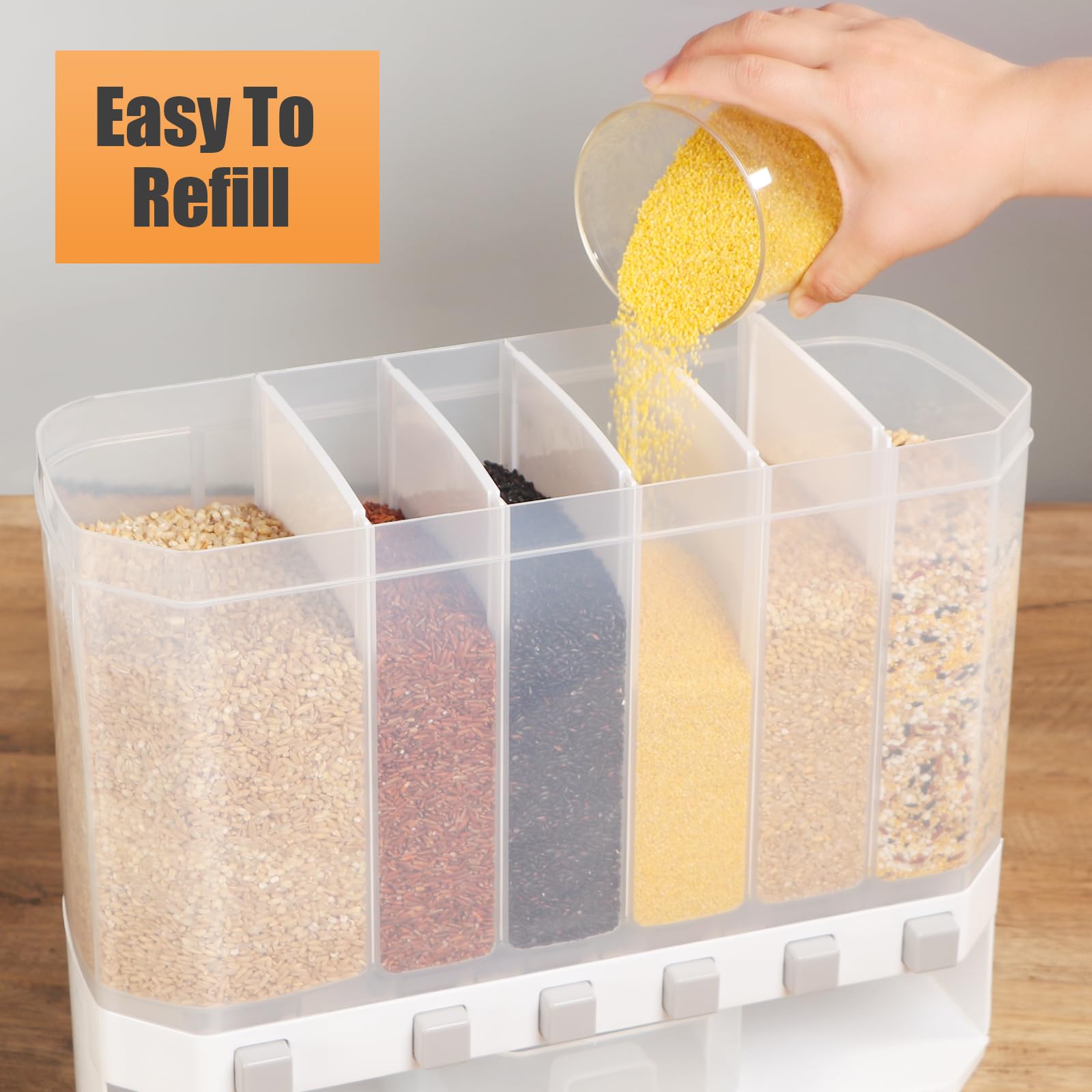 25lbs Grain Dispenser with Measuring Cup - 6 Grid Dry Food Storage Container for Rice, Snacks & Kitchen Organization | Perfect for Pantry, Restaurant & Bulk Food Storage