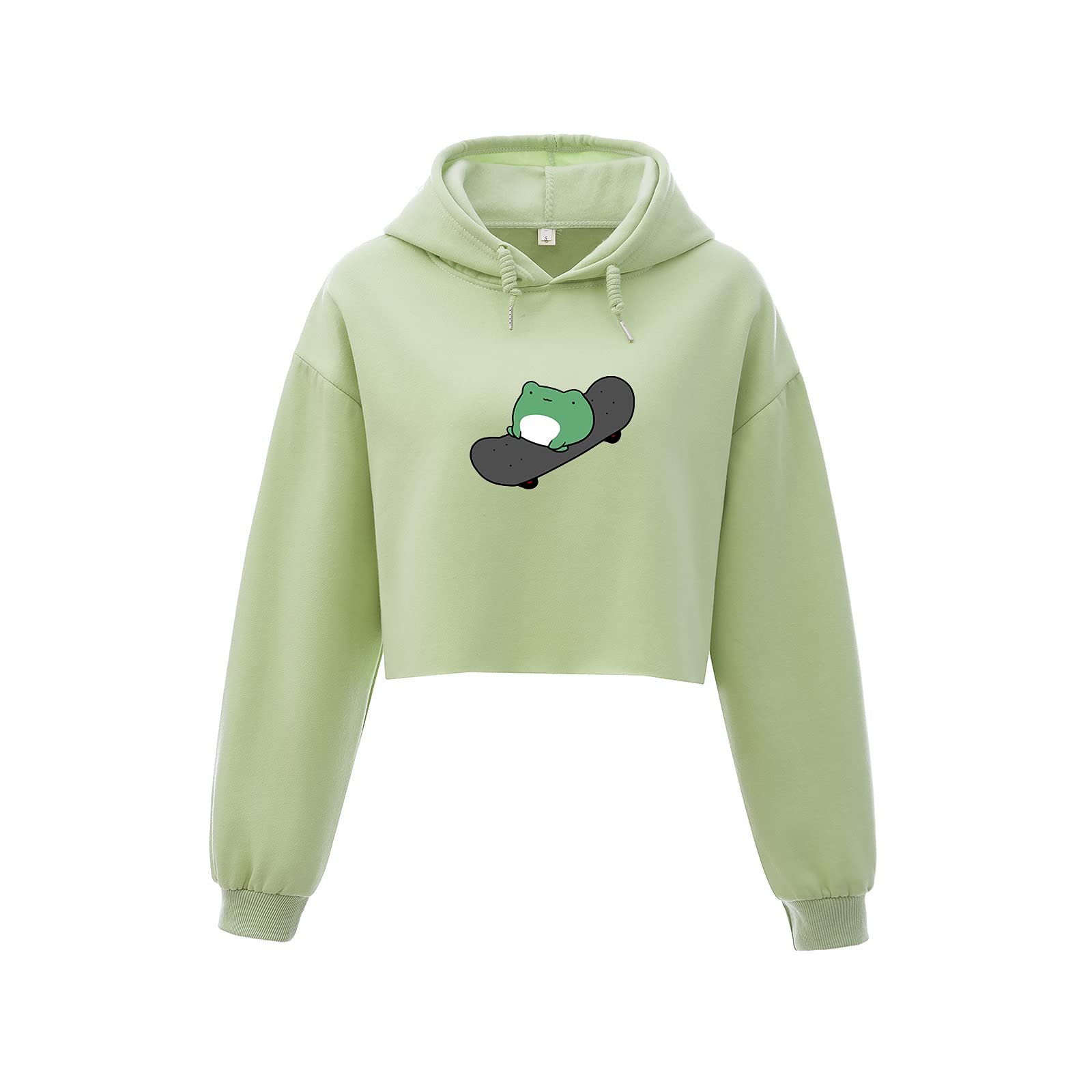 KEEVICI Women's Cute Frog Skateboard Graphic Cropped Hoodie - Soft Cotton Aesthetic Sweatshirt, Long Sleeve Workout Pullover Top for Casual Wear, Street Style & Skateboarding