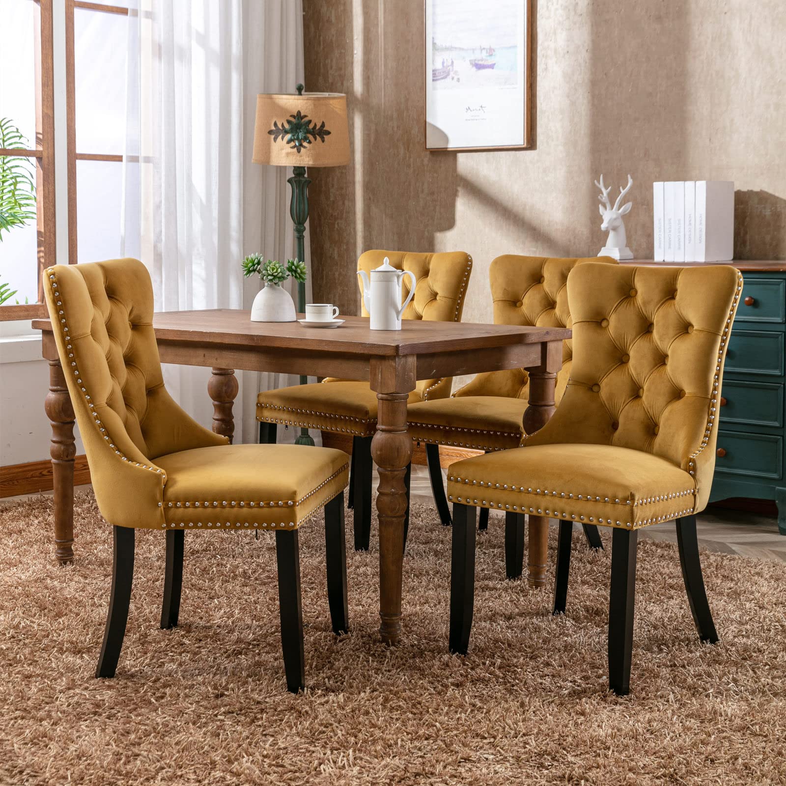 Luxury Velvet Upholstered Dining Chairs Set of 2 - Gold Button Tufted Accent Chairs with Nailhead Trim & Ring Pull Back for Elegant Dining Room Decor | Perfect for Home, Restaurant, and Office Use