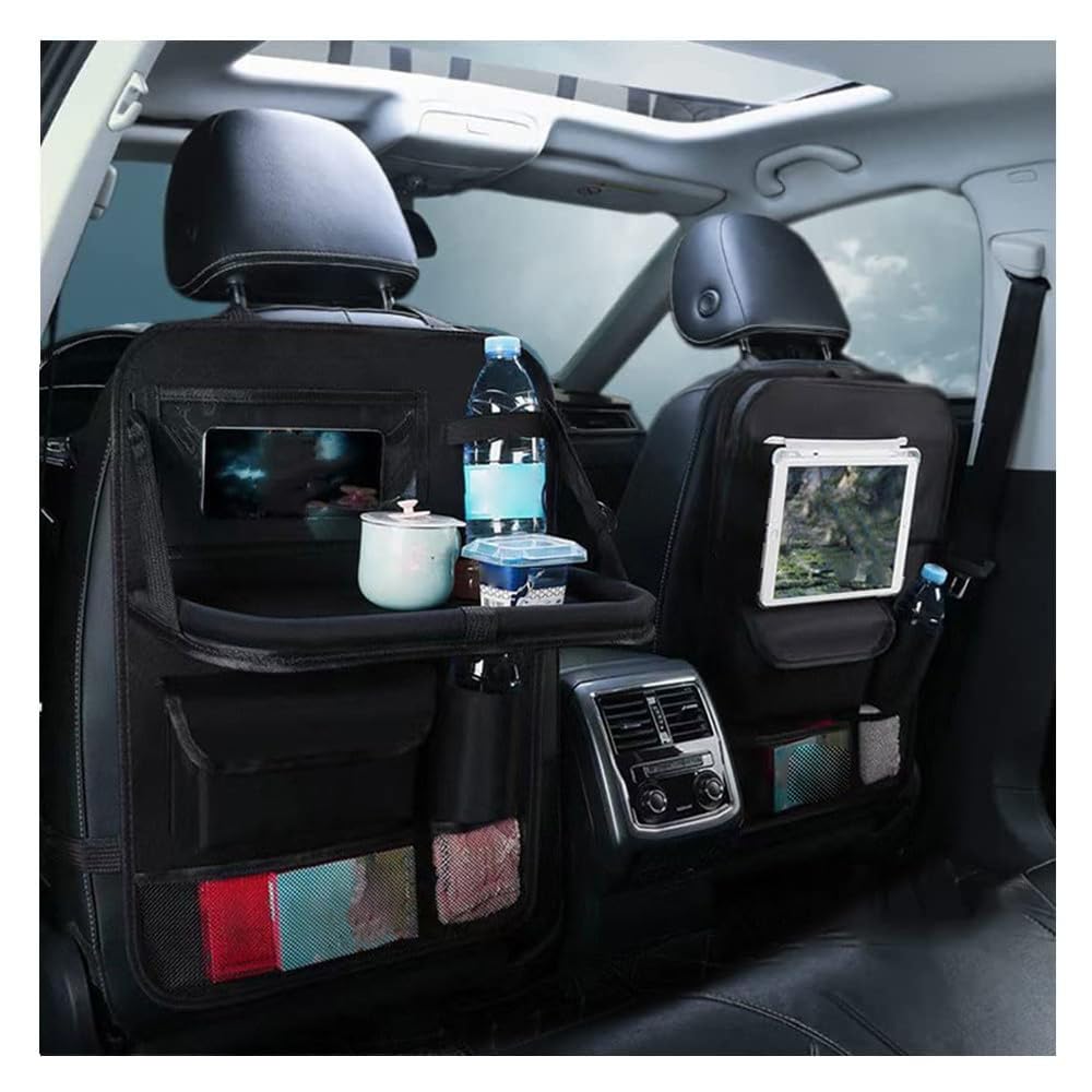2-Pack Car Backseat Organizer with Foldable Table Tray & Tablet Holder - Waterproof Seat Back Protectors & Kick Mats for Kids - Perfect for Road Trips, School Commutes & Family Travel Accessories