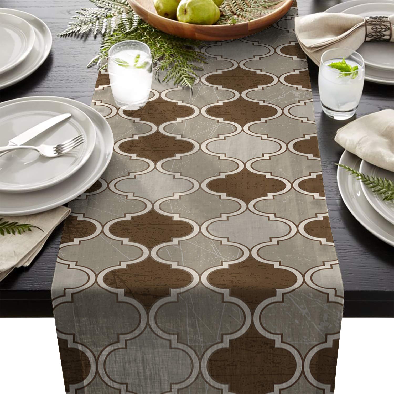 Miss Sweetheart Moroccan Pattern Linen Burlap Table Runner - 16x72 Inch Washable Dining Table Scarf for Kitchen, Dresser, Holiday Decor & Home Gatherings | Elegant Table Setting for Parties, Weddings & Everyday Use